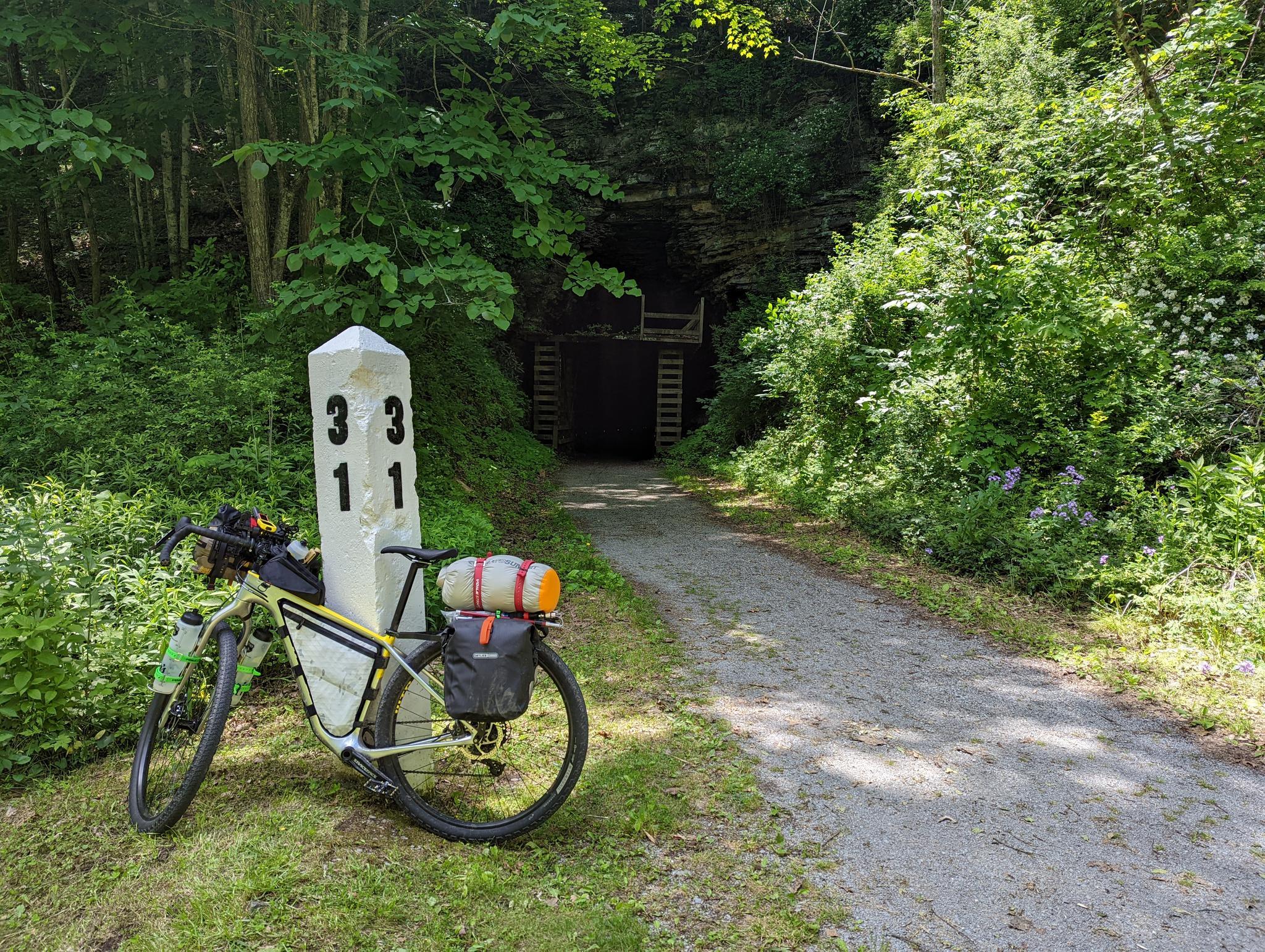 Bicycle parked by a marker post near a dark tunnel entrance in a forest.