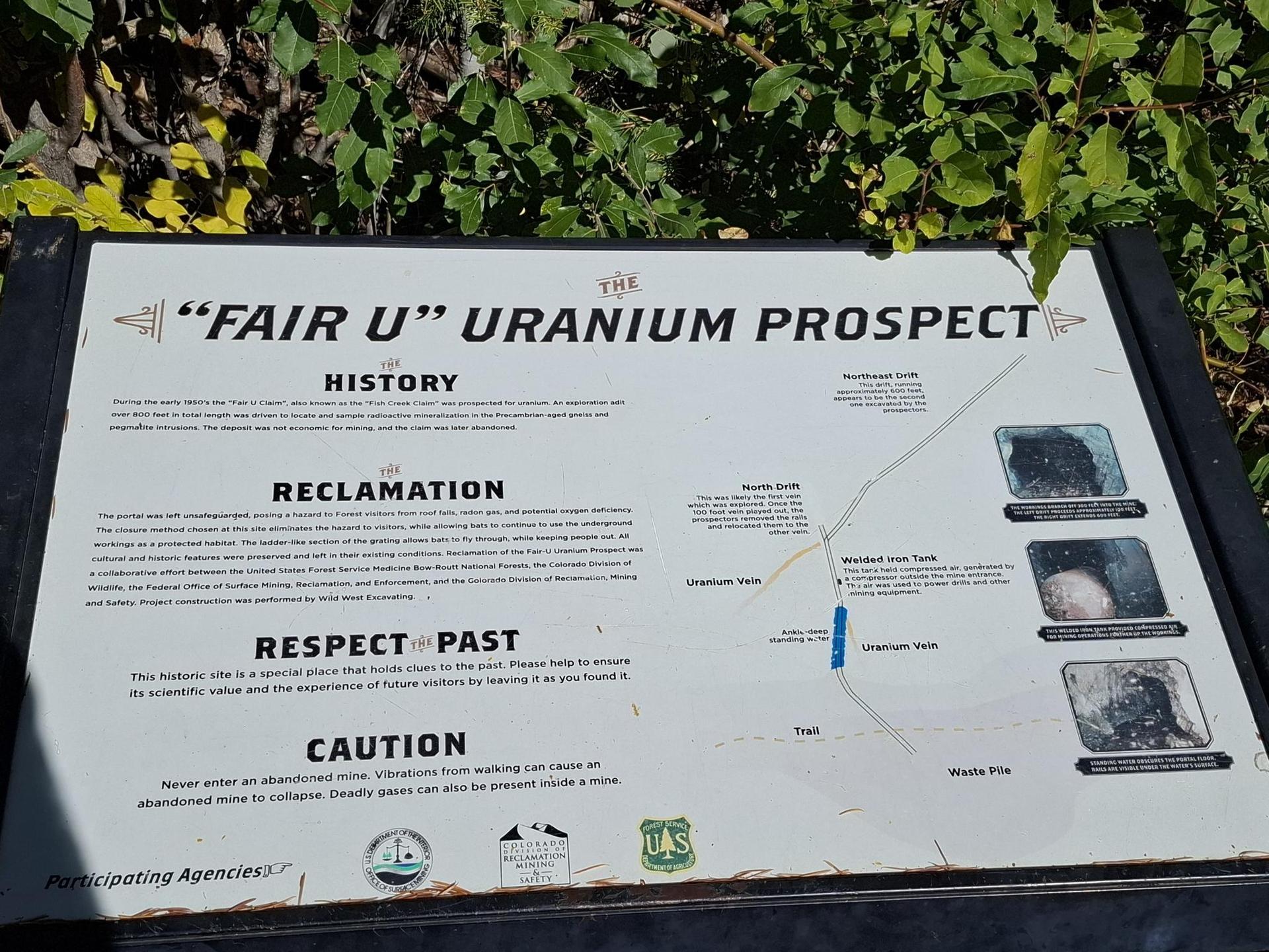 Close-up of an informational sign about a "Fair U" Uranium Prospect.