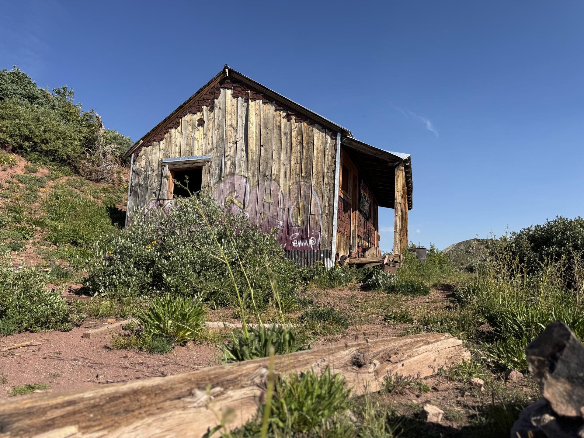 An old, weathered wooden shack with graffiti sits on a sunny, grassy hill.