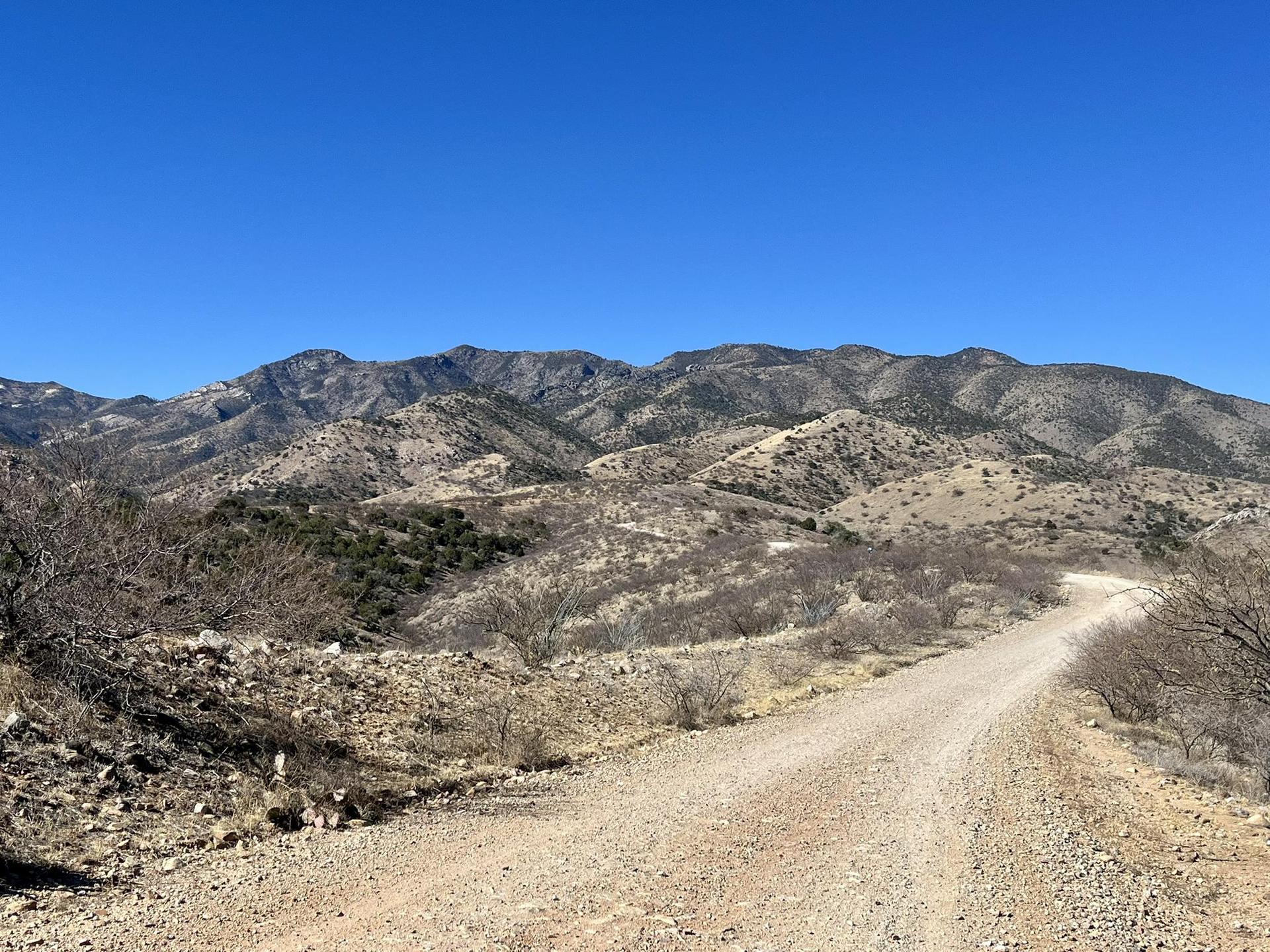 Dirt road leading towards distant, rugged mountains under a clear blue sky.