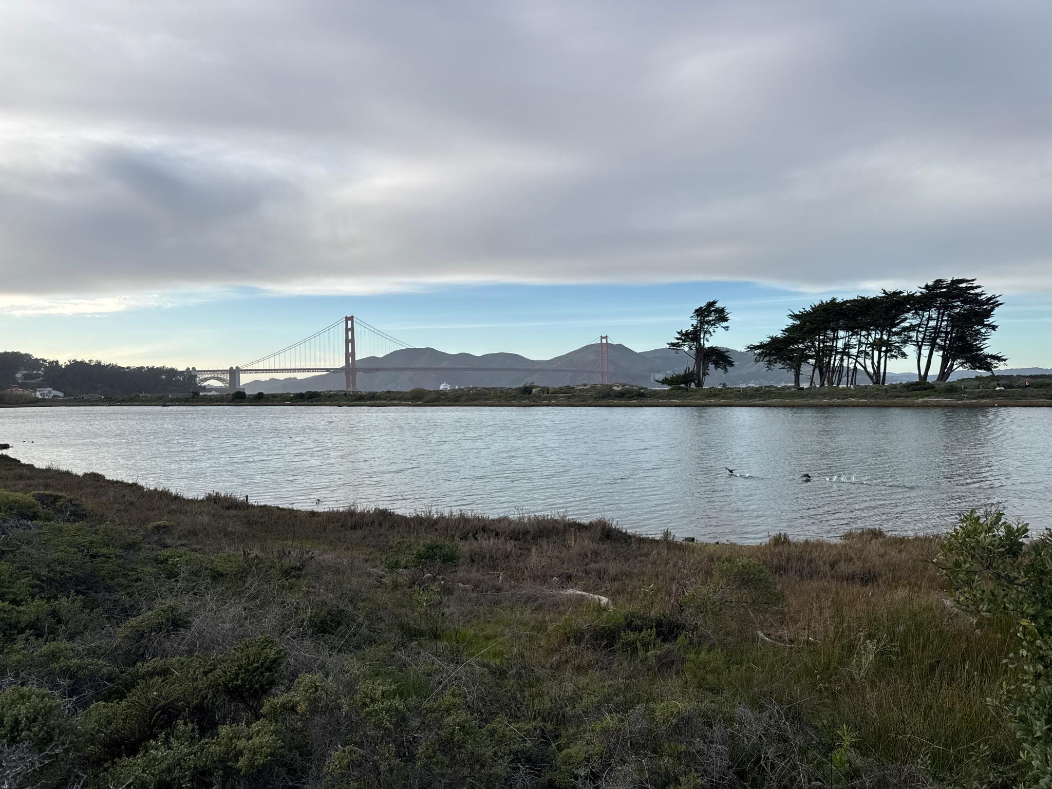 A red suspension bridge over water with distant hills under a cloudy sky.