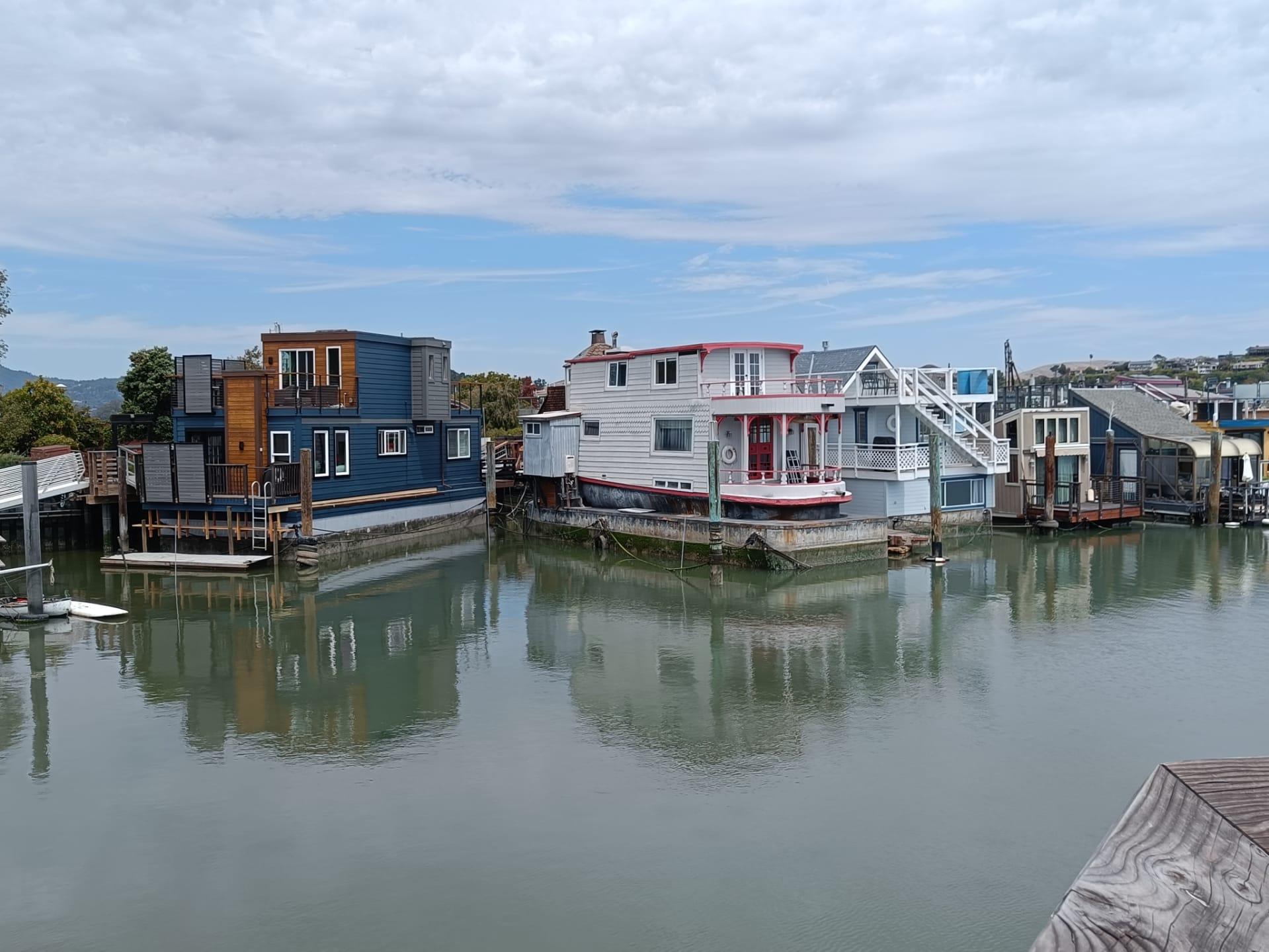 Houseboats docked on calm water under a cloudy sky, with distant hills.