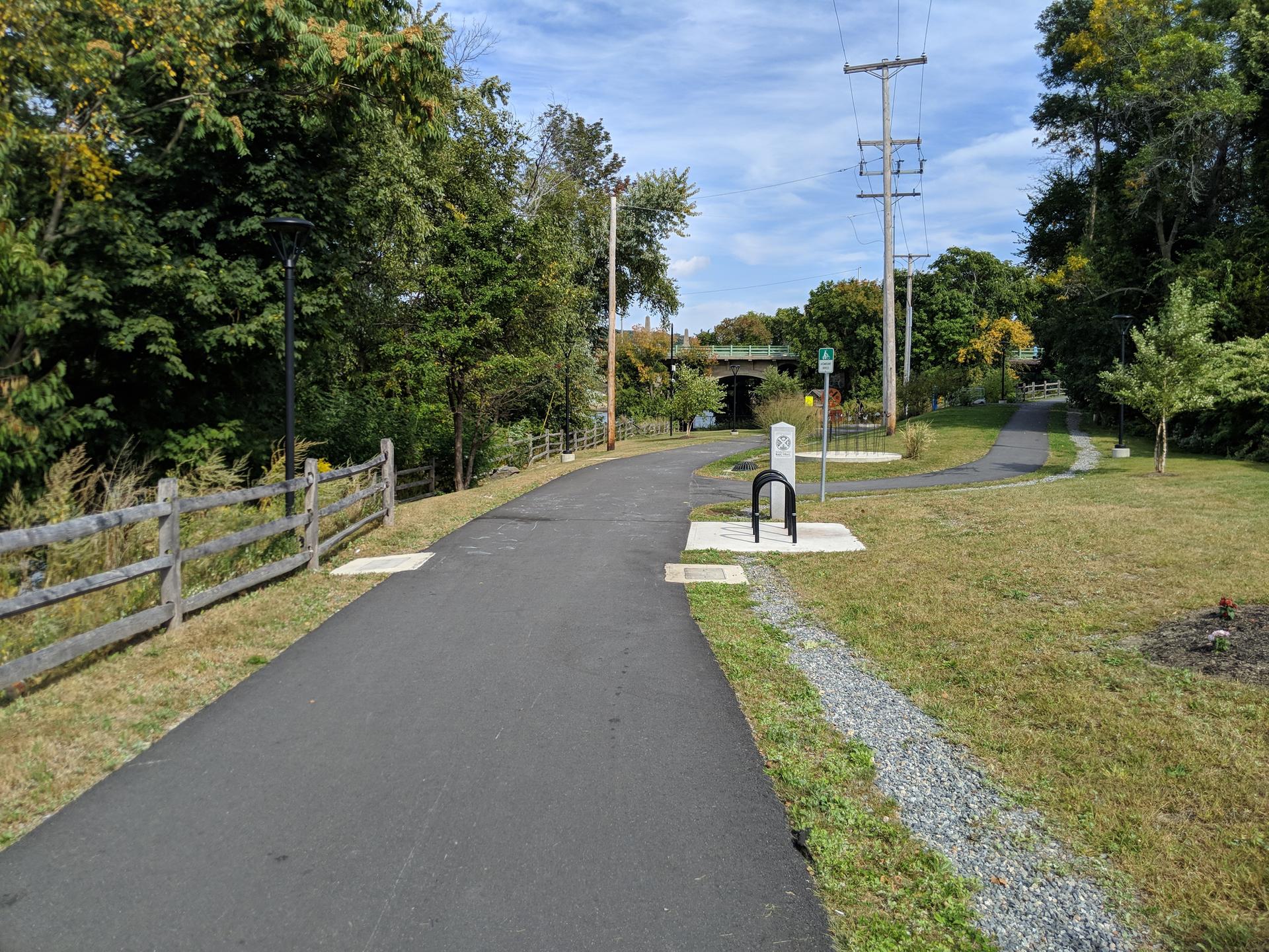 A paved path winds through a sunny, green park with trees.