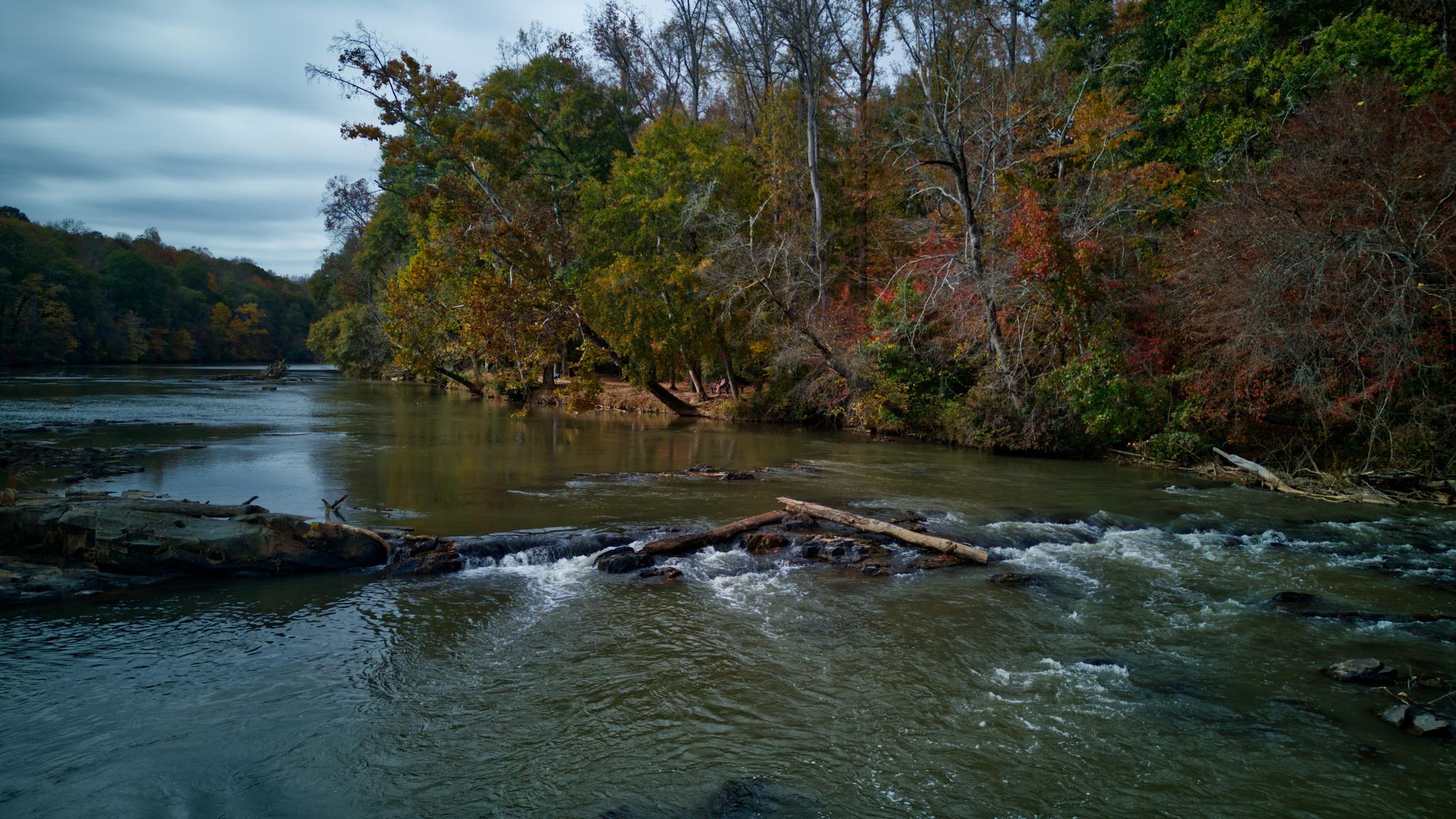 River with small rapids, surrounded by autumn trees under a cloudy sky.