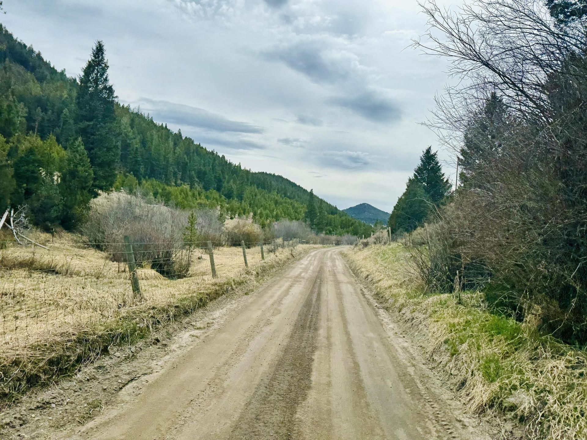 A dirt road extends through a valley with forested hills under a cloudy sky.