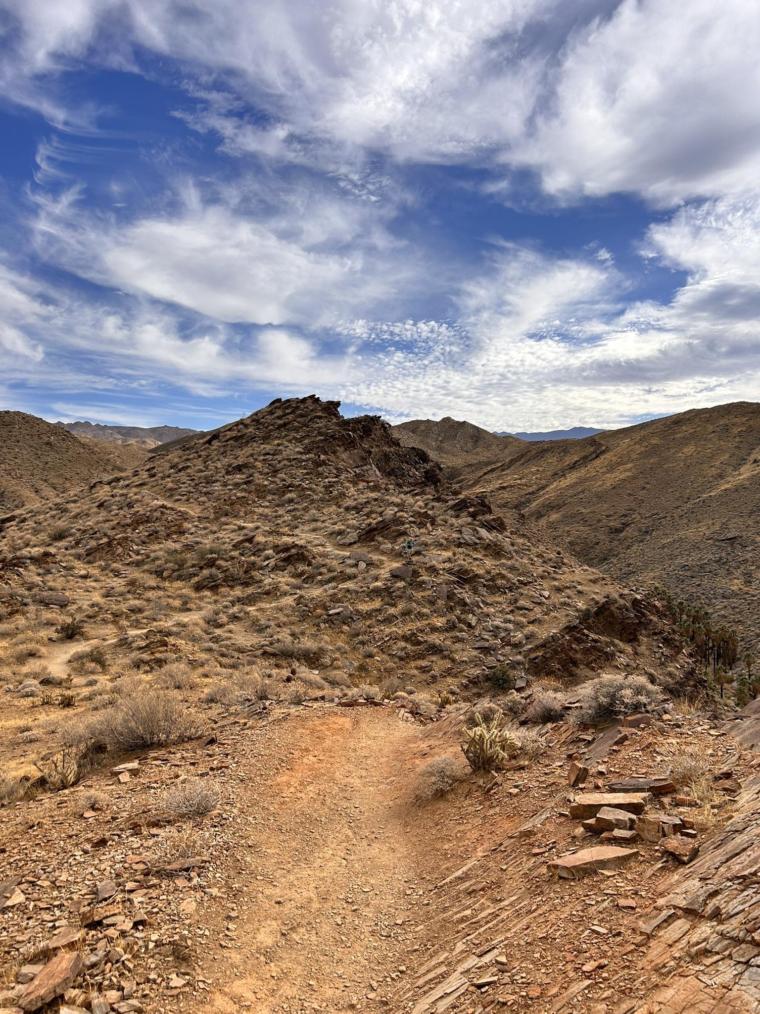 A winding dirt path through arid, rolling desert hills under a partly cloudy sky.