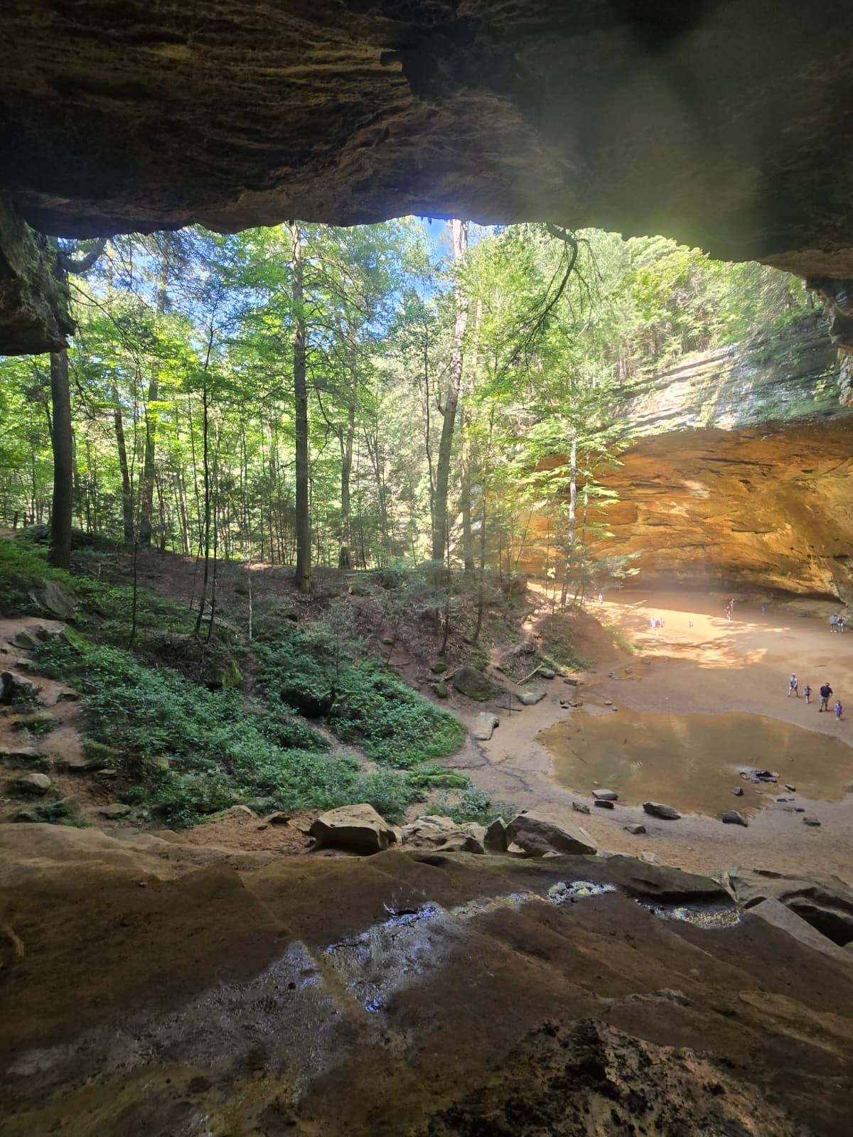 Cave opening overlooks a sunlit forest, sandy pool, and distant people.