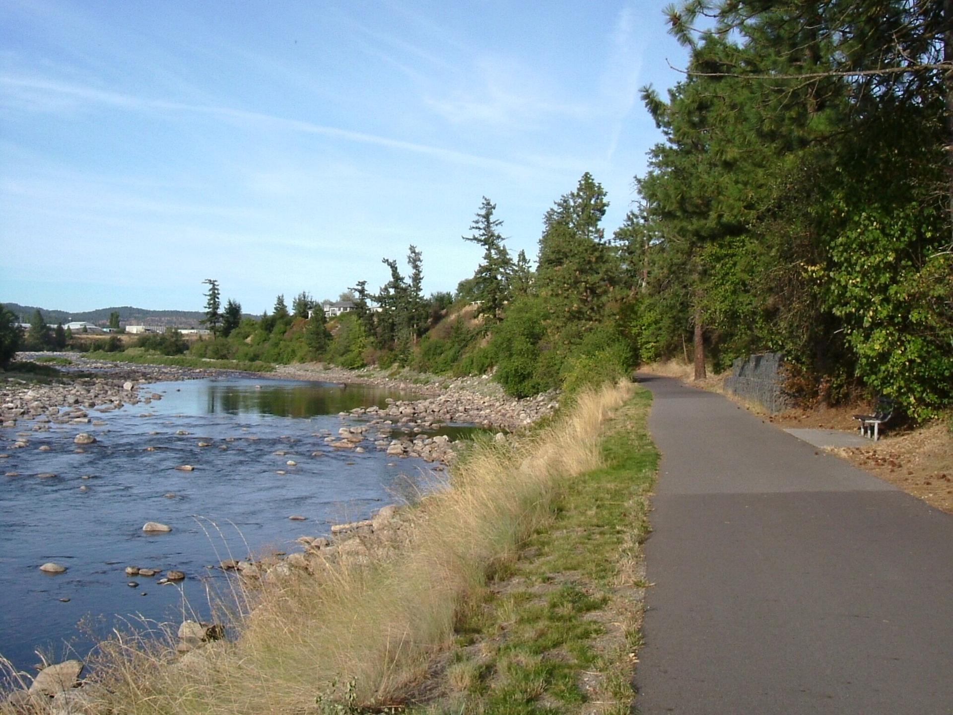 Paved path alongside a rocky riverbank with trees under a clear sky.