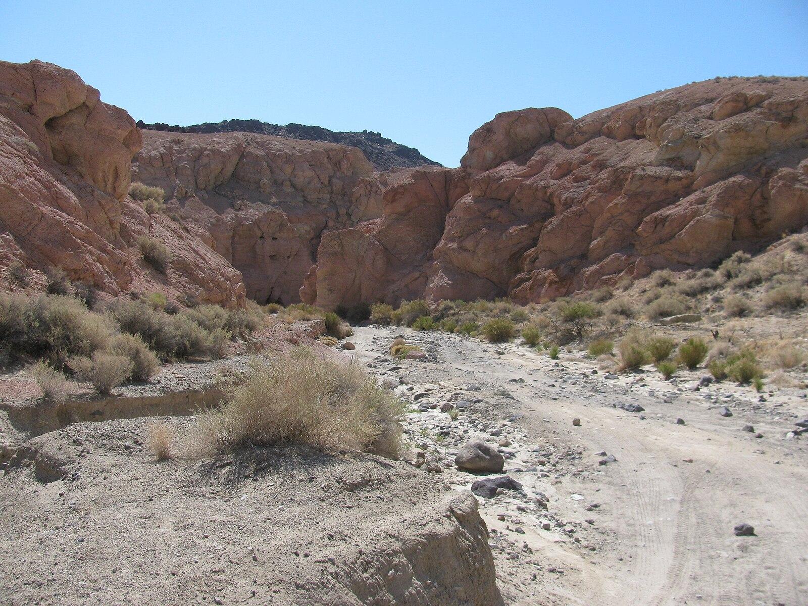 Bright desert canyon with red rock formations, dry wash, and tire tracks.