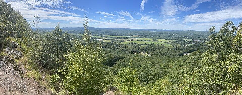 Panoramic view of green forests and fields under a bright blue sky.