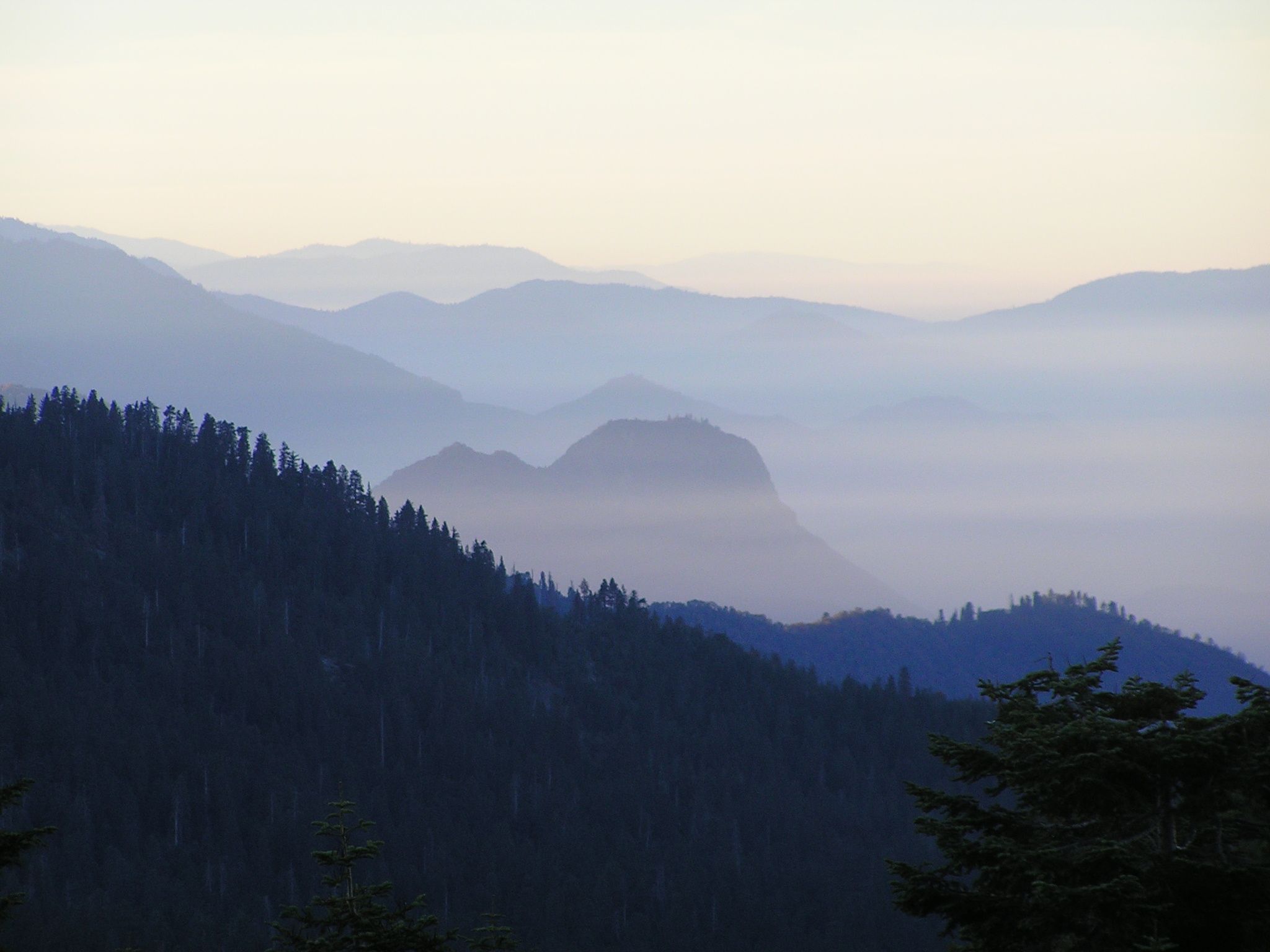 Misty mountain layers and forested slopes under soft, diffused light. - Big Meadows Road