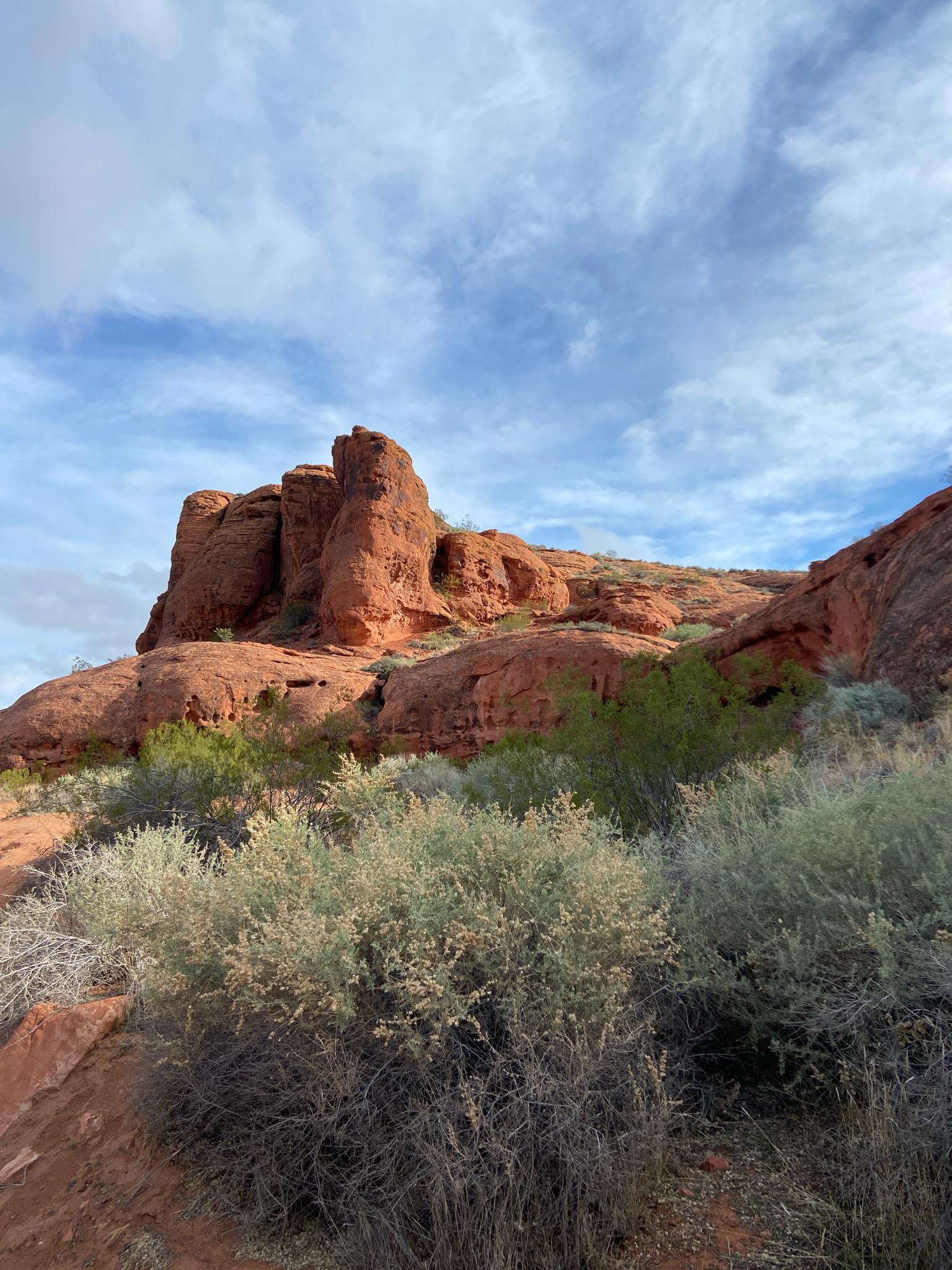 Towering red rock formations and green desert bushes under a cloudy sky.