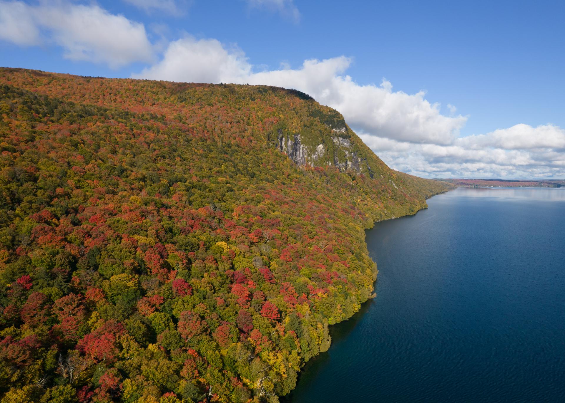 Vibrant autumn forest covers a mountain beside a deep blue lake under a cloudy sky.