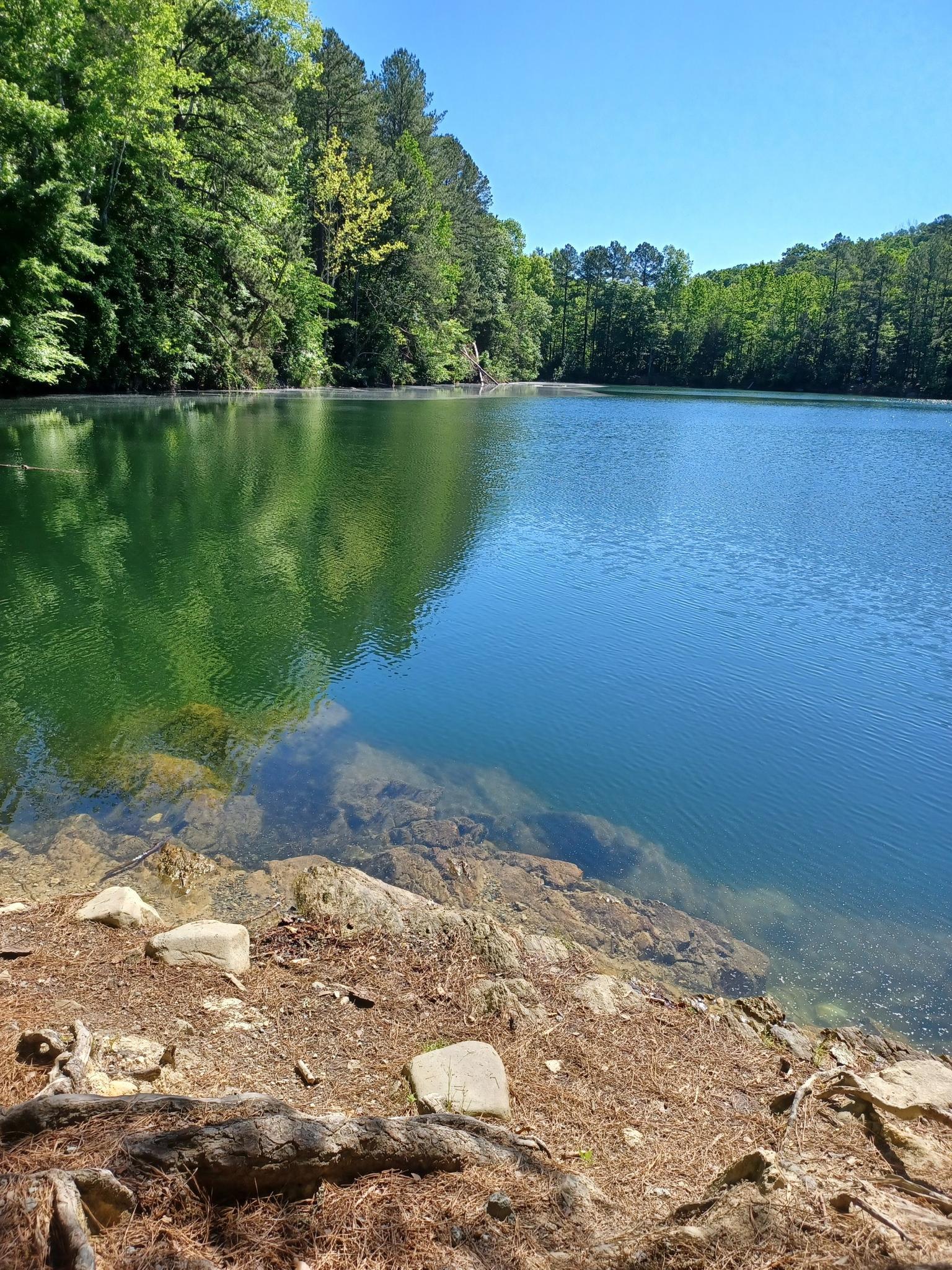 A clear blue lake surrounded by green trees, with a rocky foreground in sunlight.