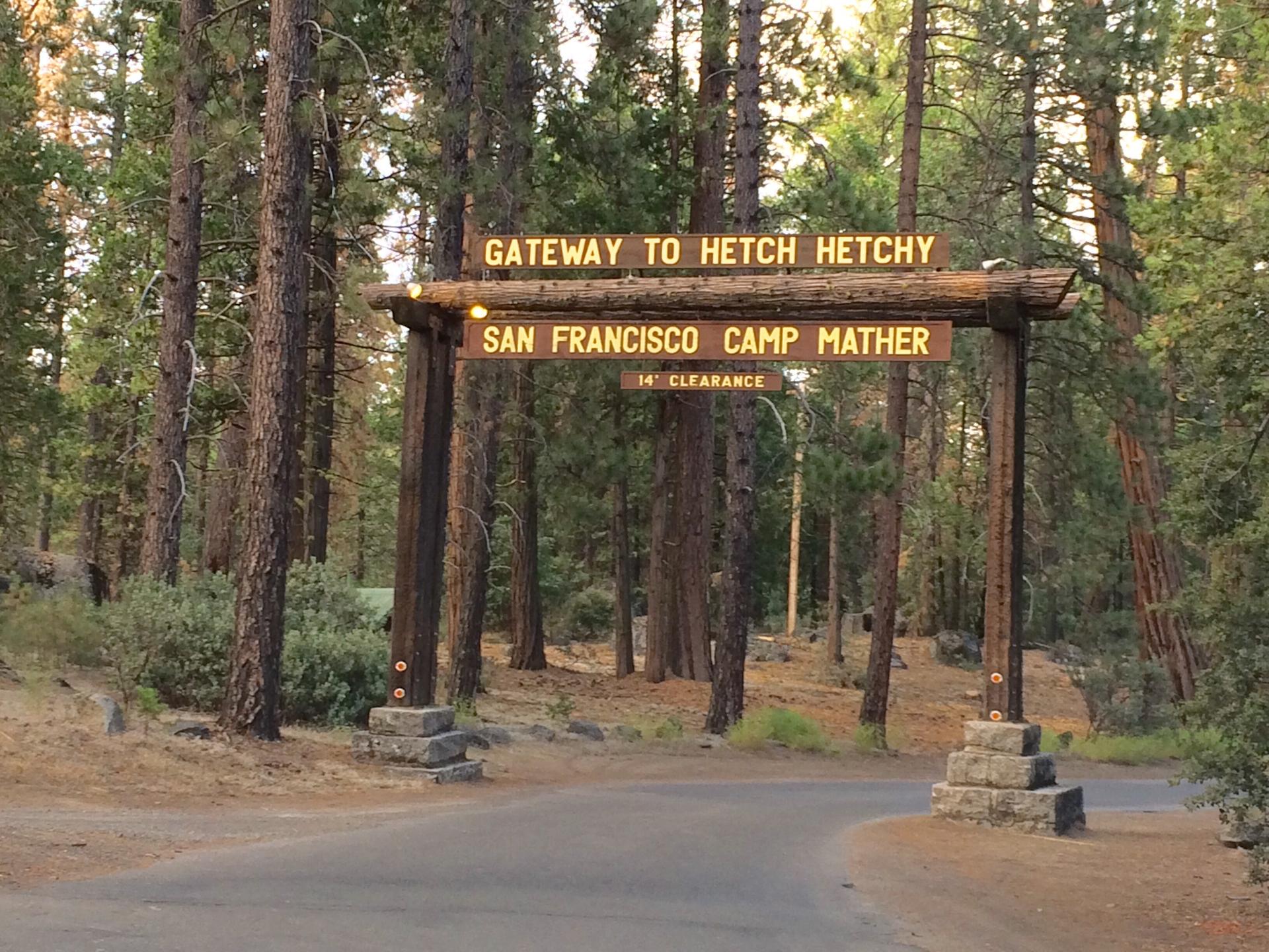 A rustic wooden archway sign spans a paved road entering a dense forest.