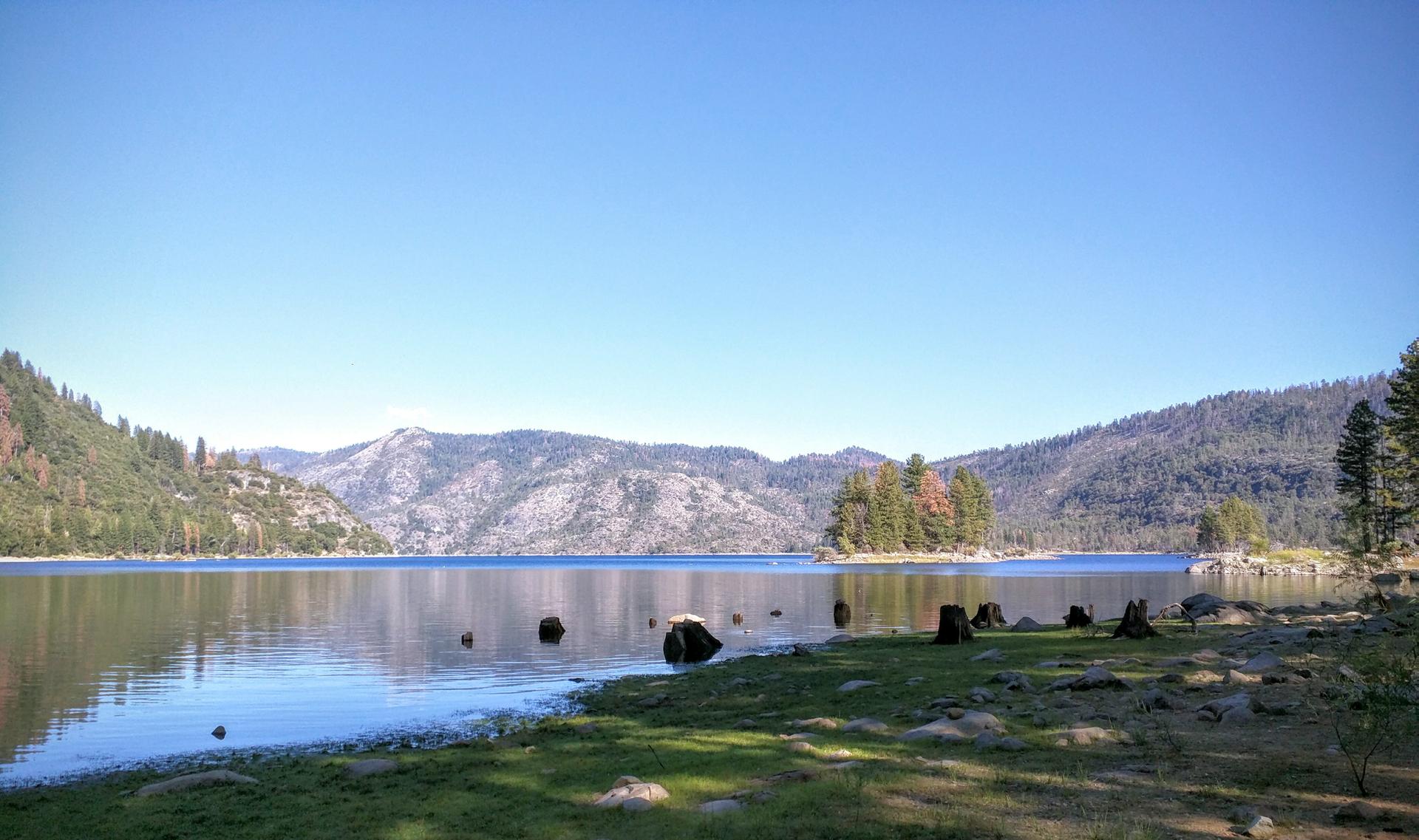 Calm lake reflecting mountains and sky, with a grassy shore and tree stumps.