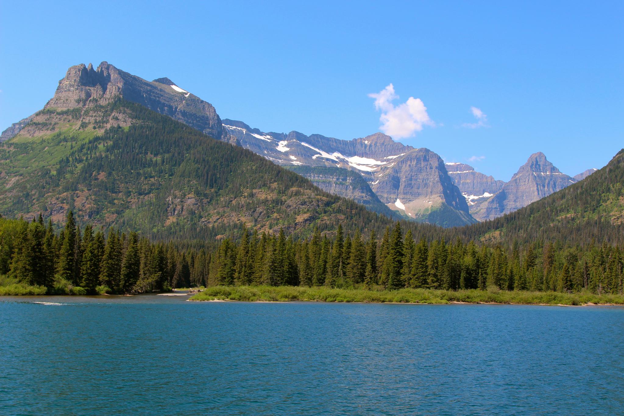 Vast blue lake with a dense forest and snow-capped mountains under a clear sky.