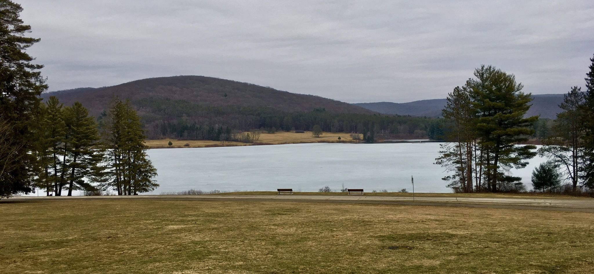 Overcast view of a calm lake bordered by grassy banks and distant forested hills. - Red House Lake – Quaker Lake loop from Salamanca