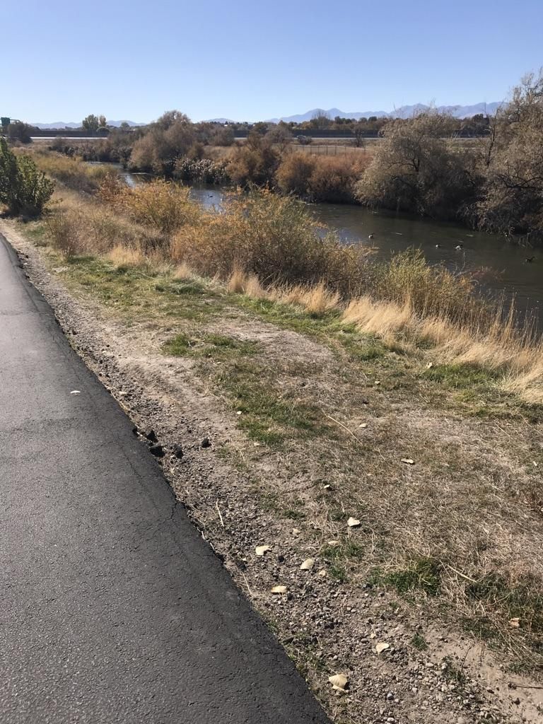 Paved path alongside a grassy bank and a calm river on a clear day. - Jordan River Parkway – View of the Jordan River loop from Meadowbrook