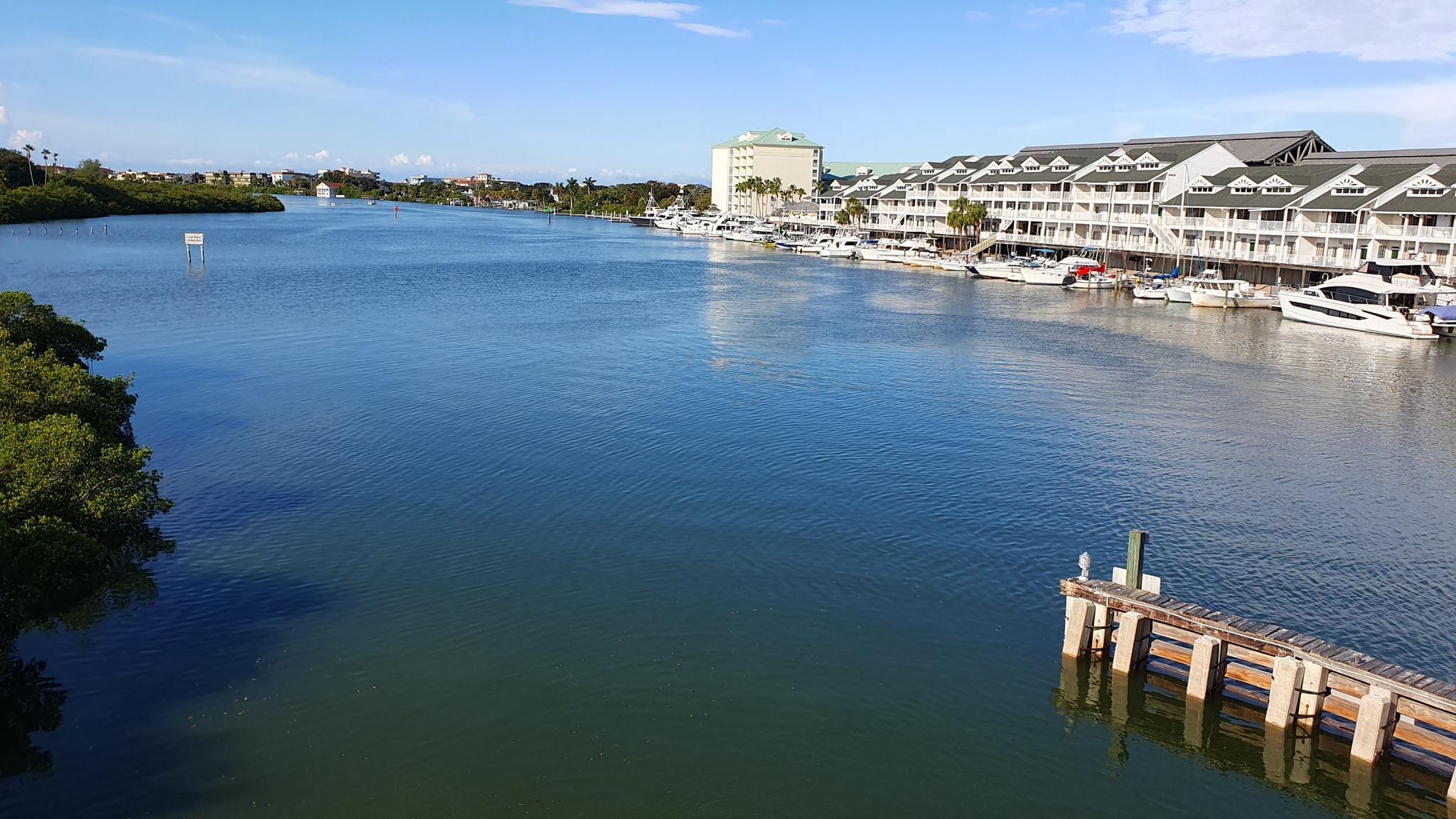 Boats docked at a marina with buildings along a wide waterway, sunny.