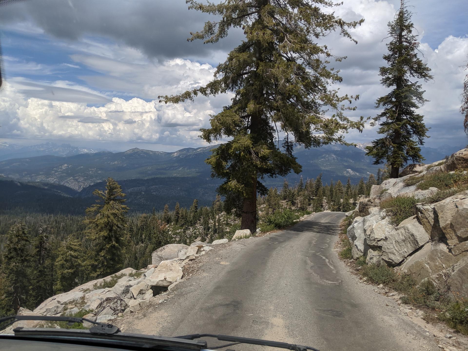 Mountain road winding through rocky terrain with pine trees under cloudy sky.