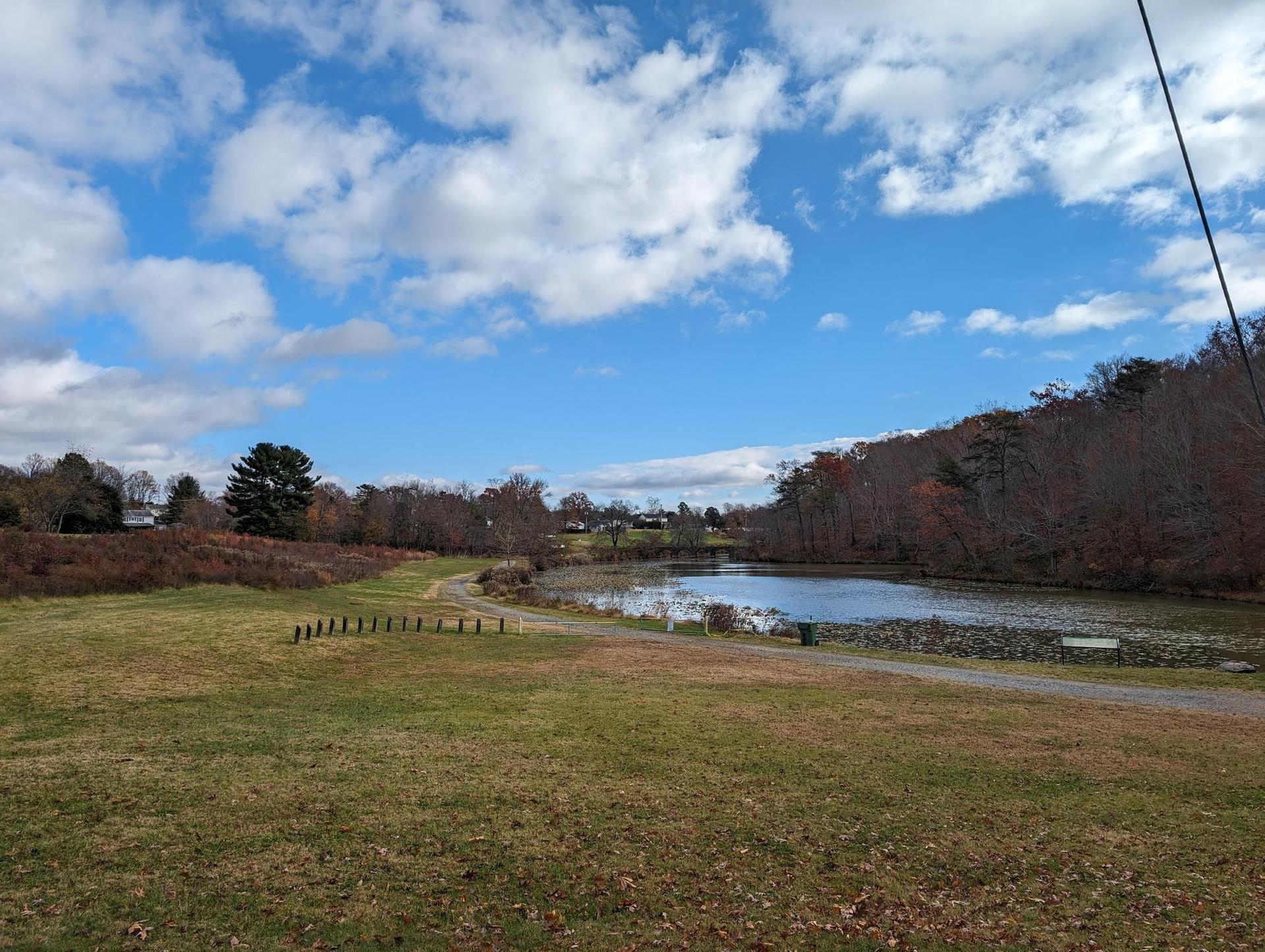 Sunny view of a pond next to a grassy field and autumn trees.