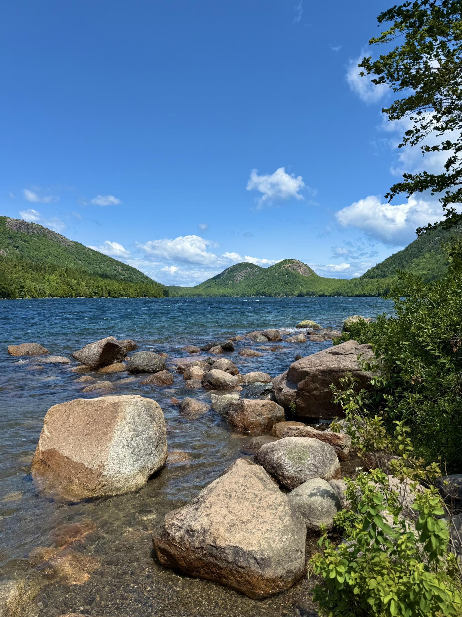 Rocky lake shore with clear water, forested hills, and a bright blue sky.
