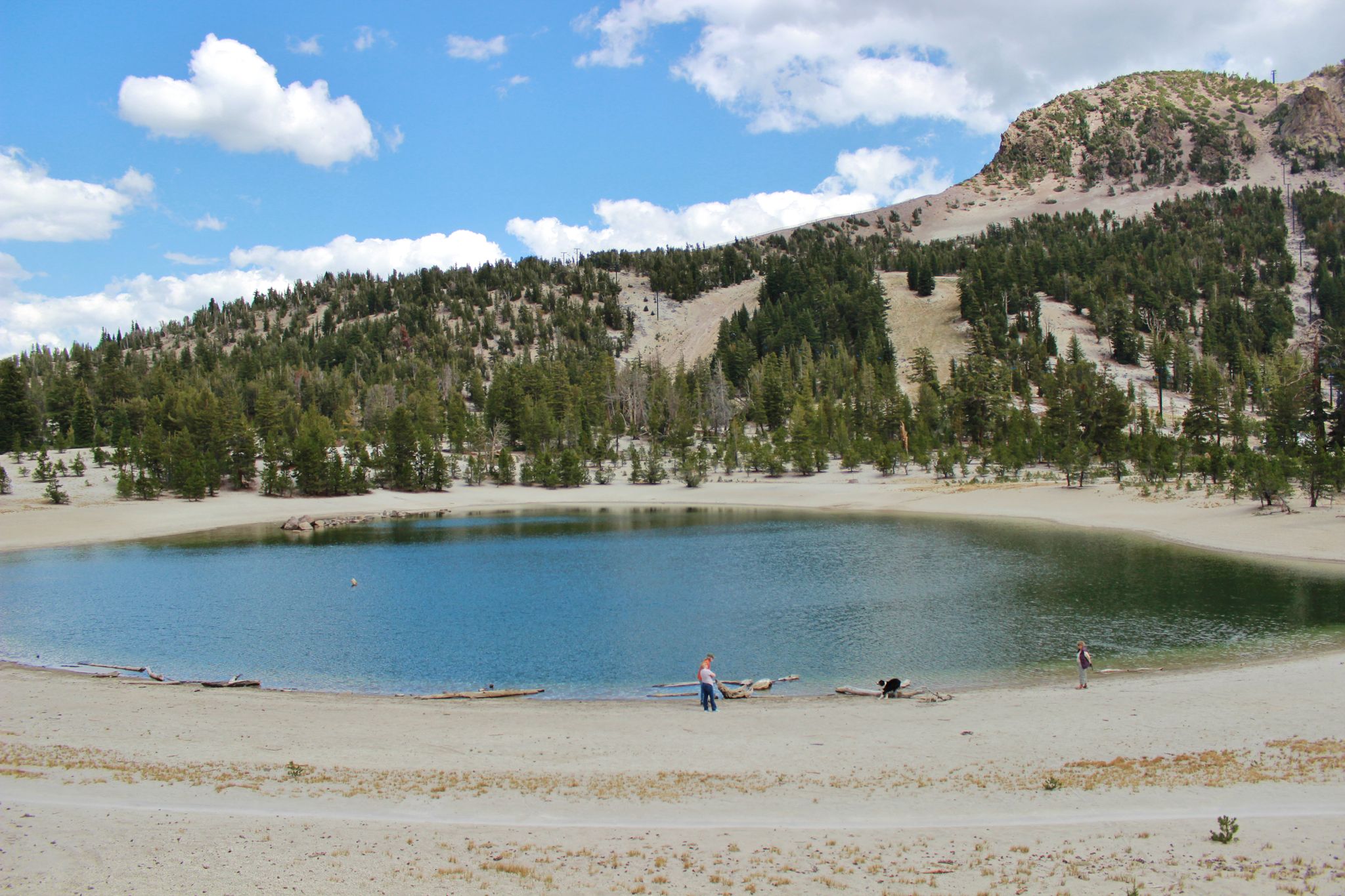 Sunny day with a blue lake, sandy shore, forested mountain, and people. - Mountain View and Beach Cruiser Loop