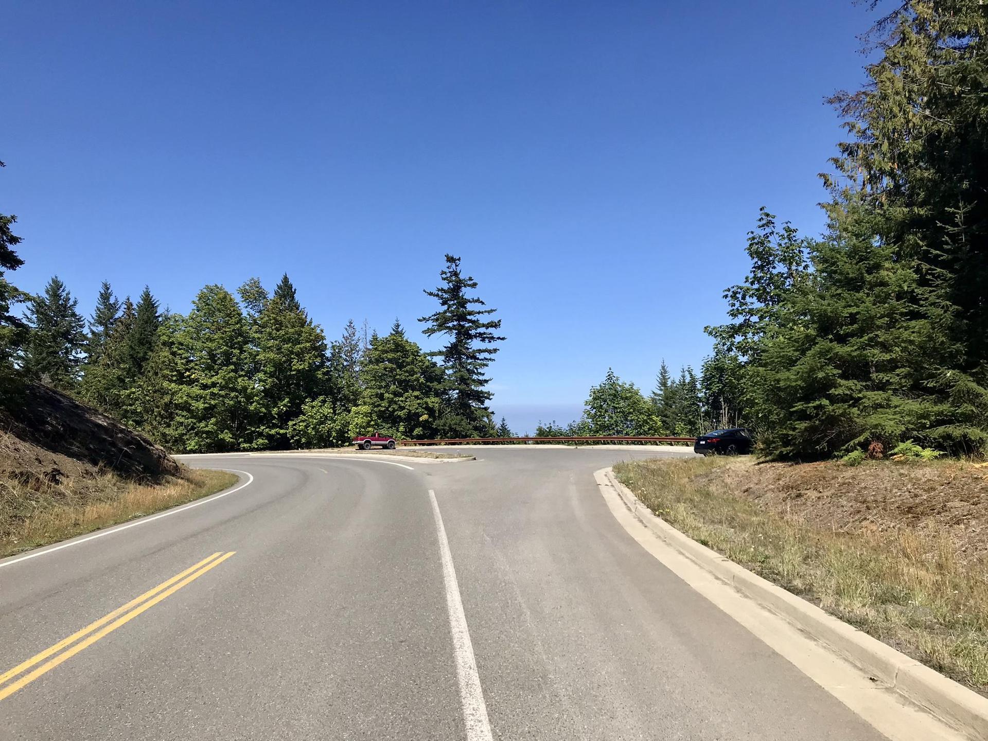 Paved mountain road with a sharp curve, surrounded by green trees.