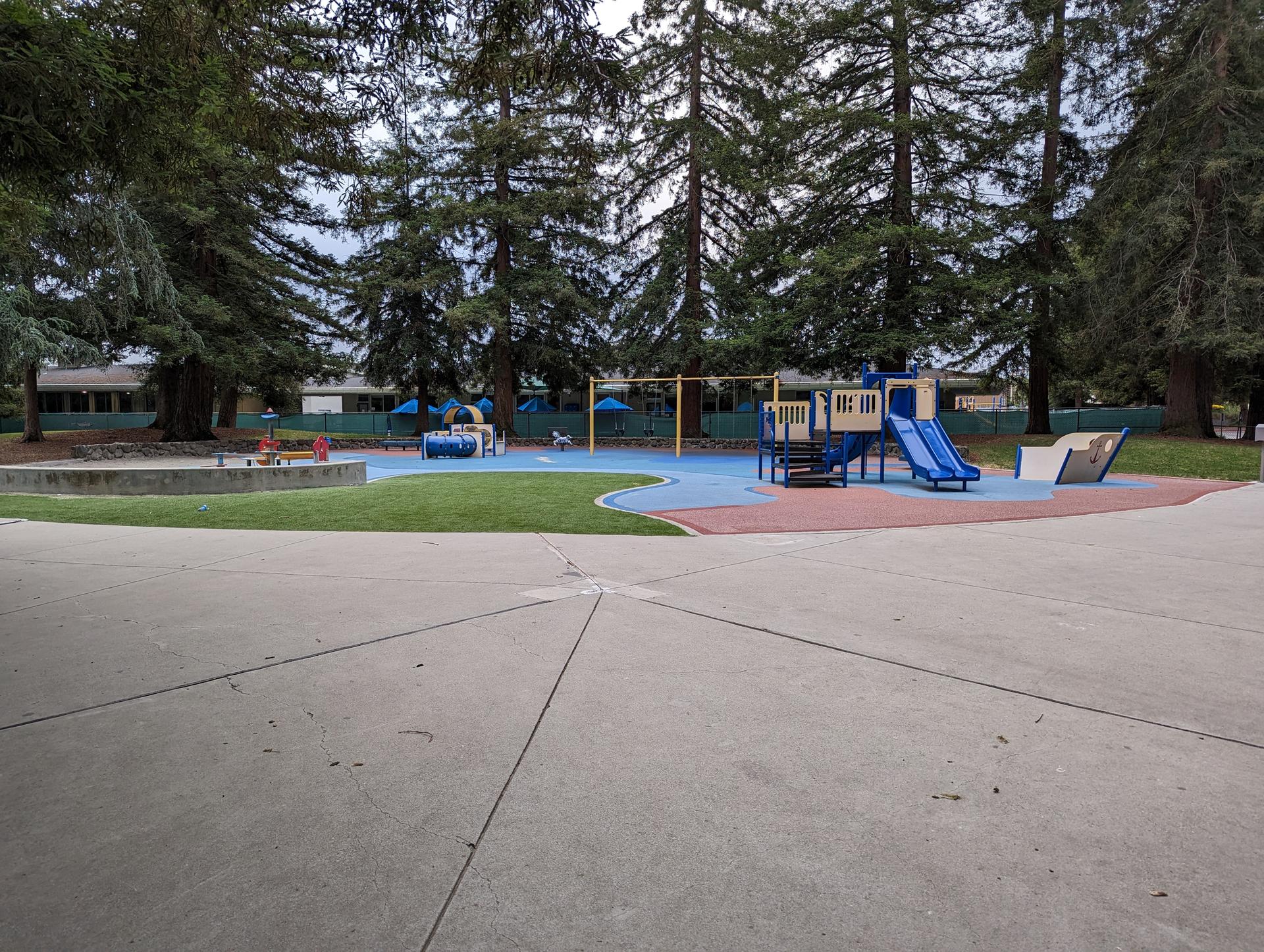 Empty playground with blue equipment, tall trees, and concrete path under an overcast sky.