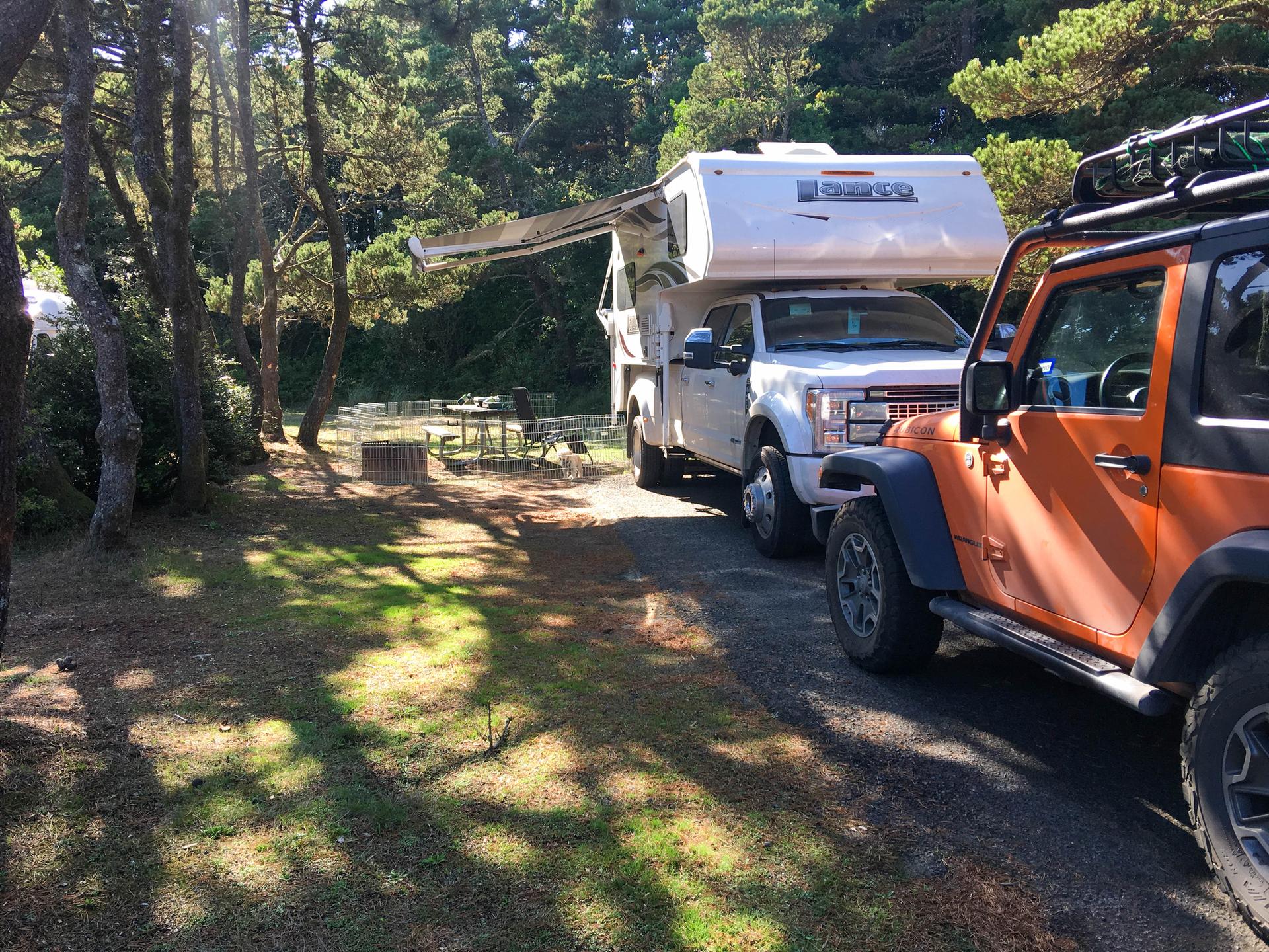 White camper truck and orange Jeep parked in a sunny, wooded campsite.