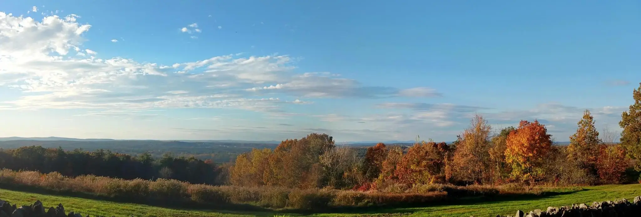 Panoramic view of rolling hills, colorful autumn trees, and distant forests.