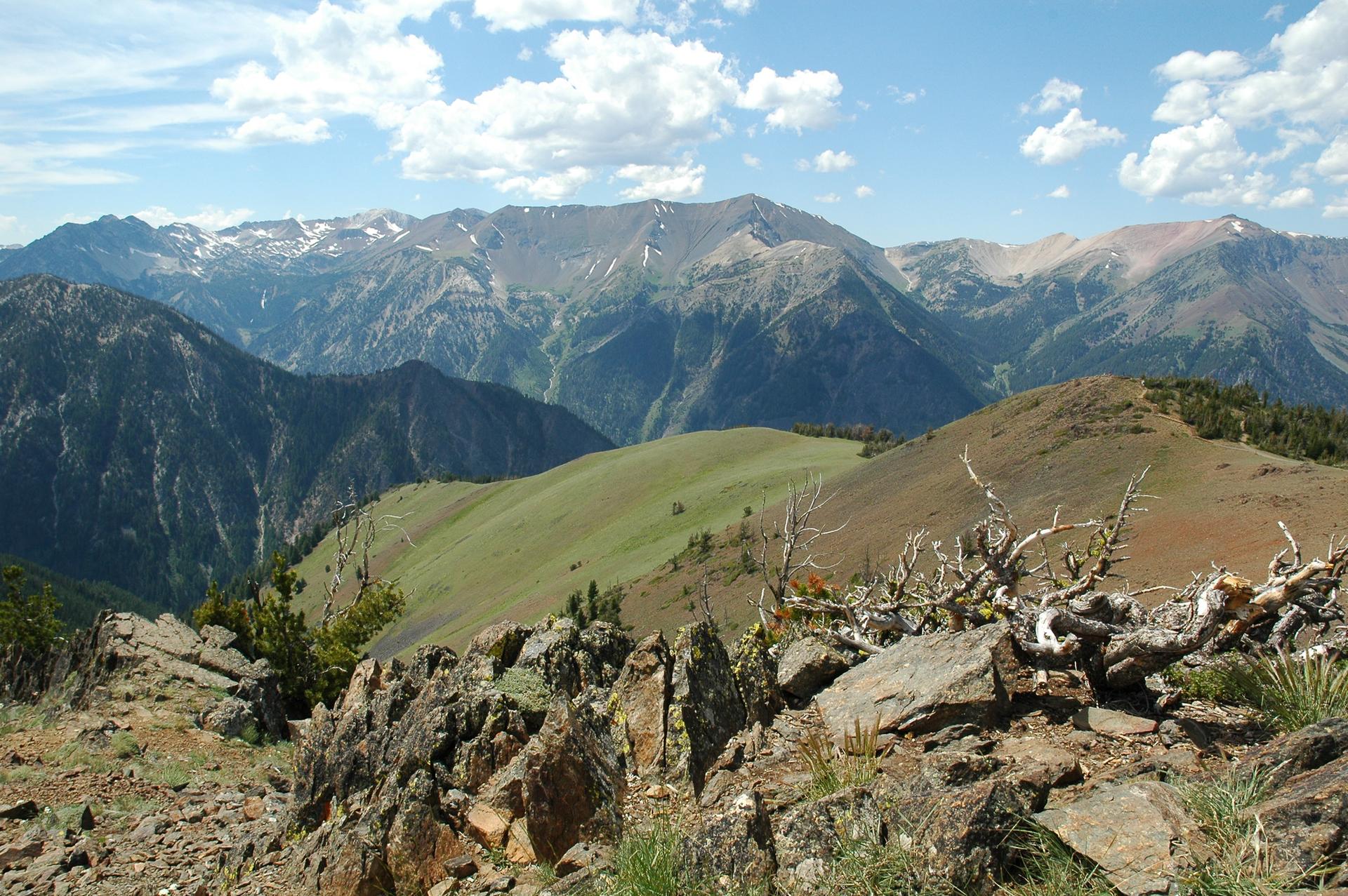 Sunny mountain range with rocky foreground, green hills, and snow-capped peaks.