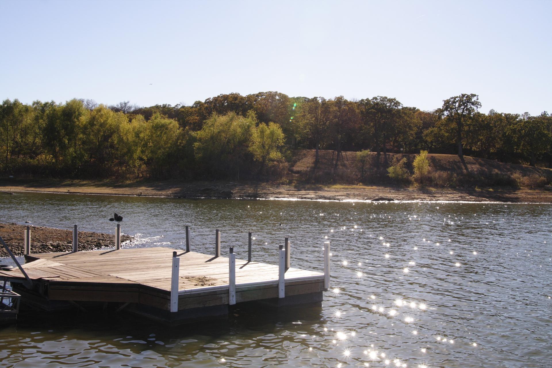 A wooden dock extends into a sunny lake with a treeline in the background.