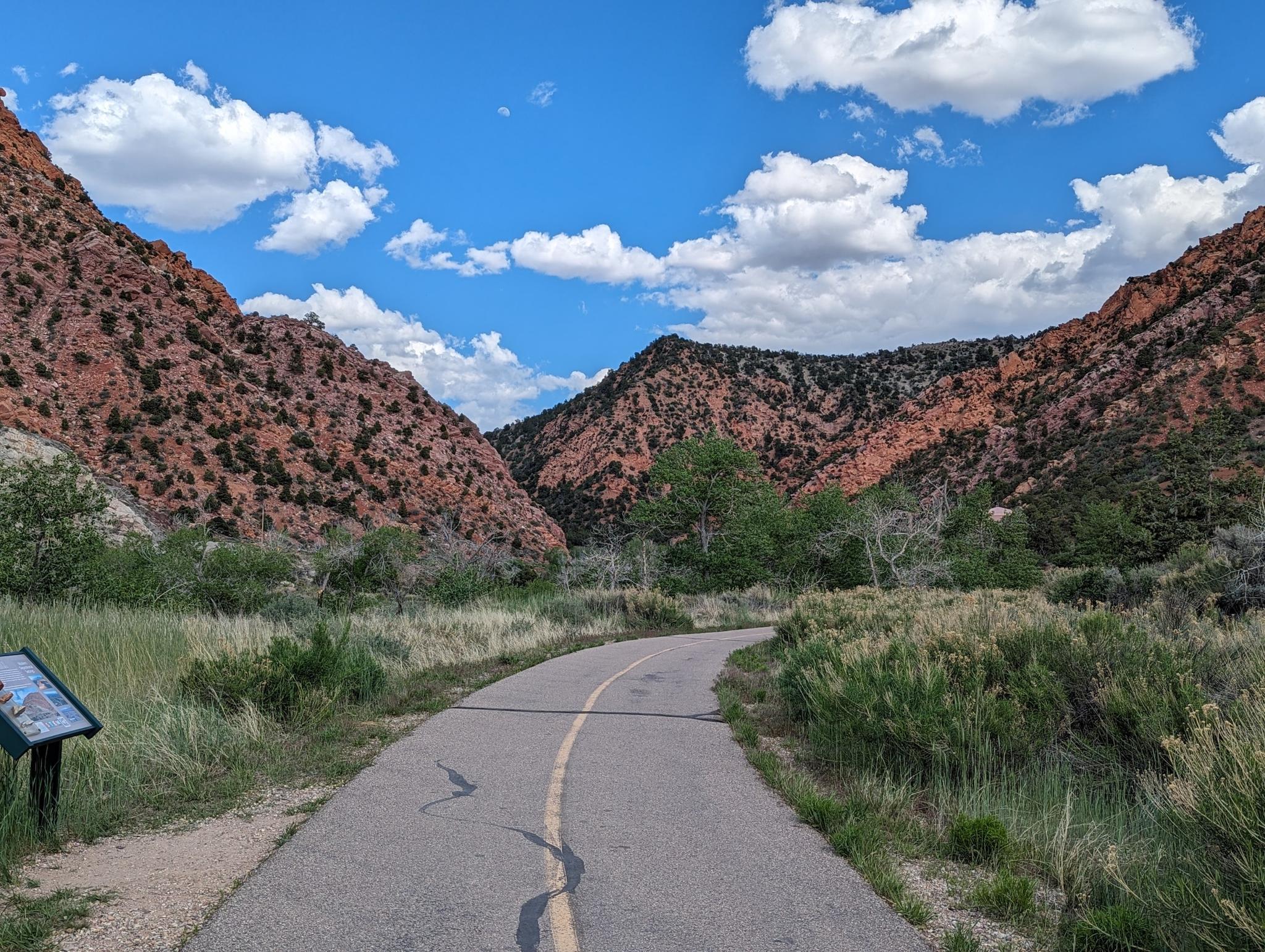 Paved path winding through a canyon with red rock mountains under a bright sky.