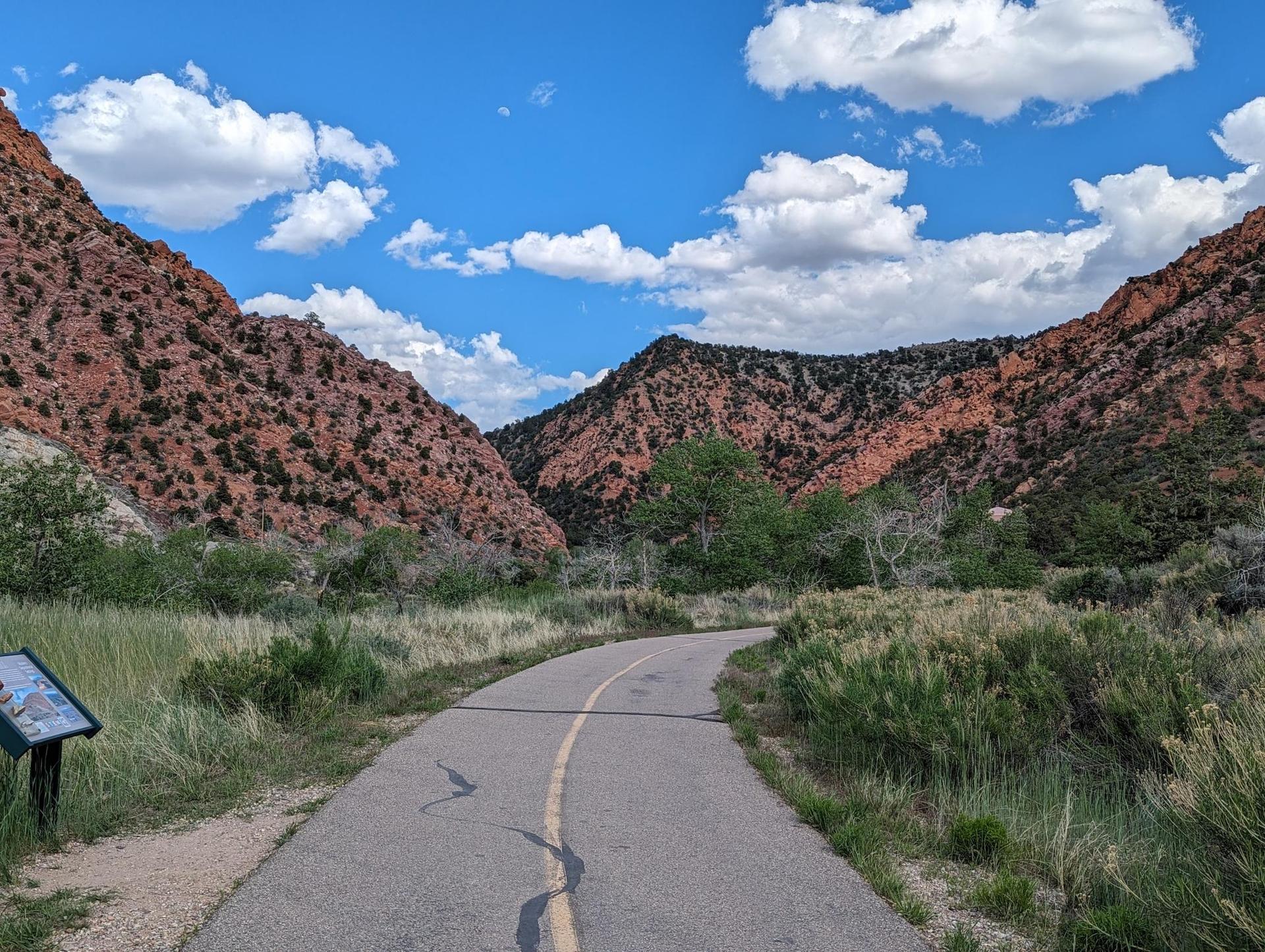 Paved path winding through a canyon with red rock mountains under a bright sky.