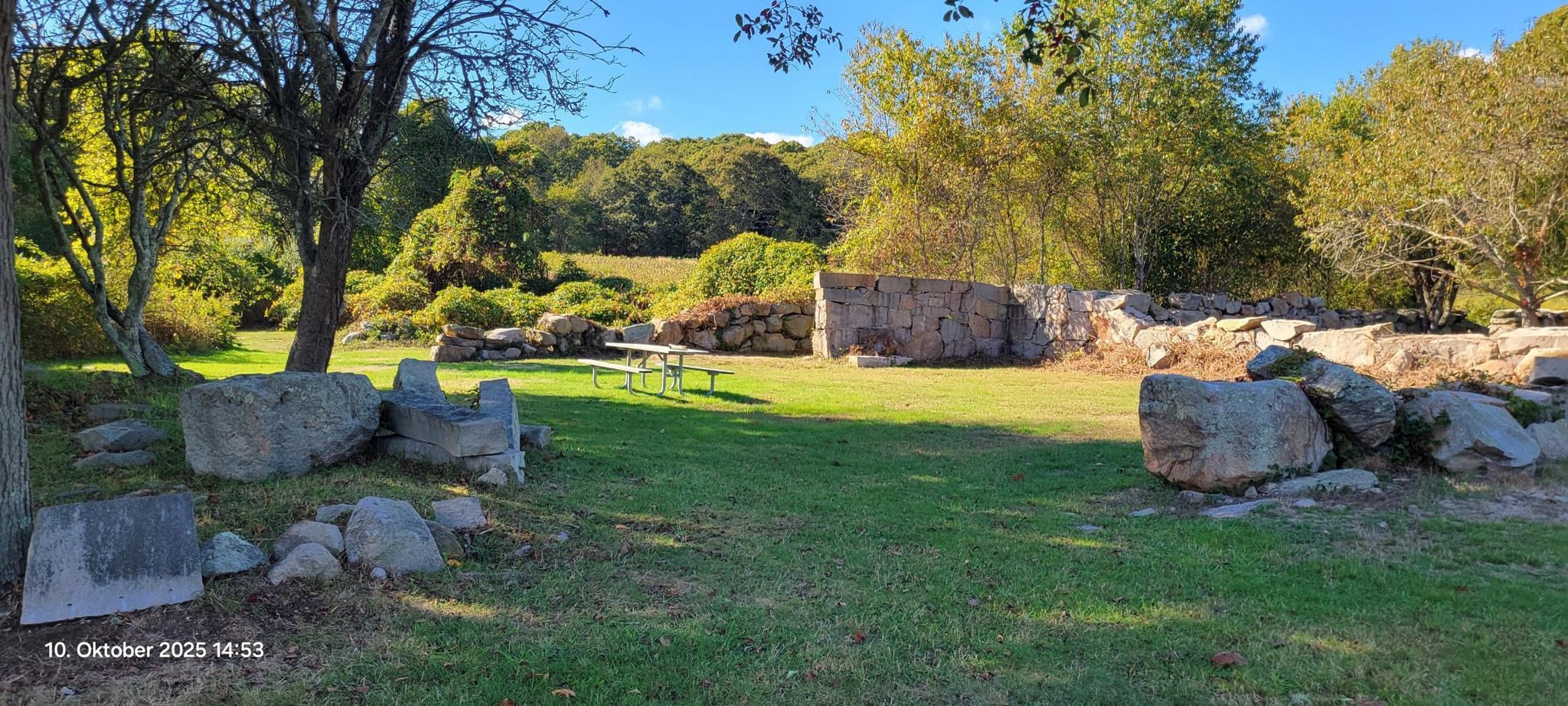Sunny grassy clearing with large boulders and a picnic table among green trees.