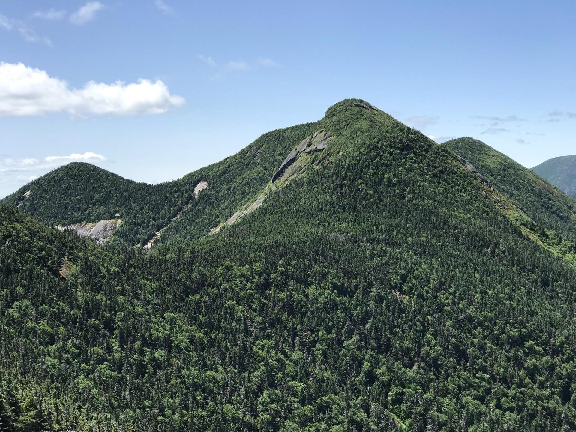 Expansive view of multiple green, tree-covered mountains under a bright blue sky.