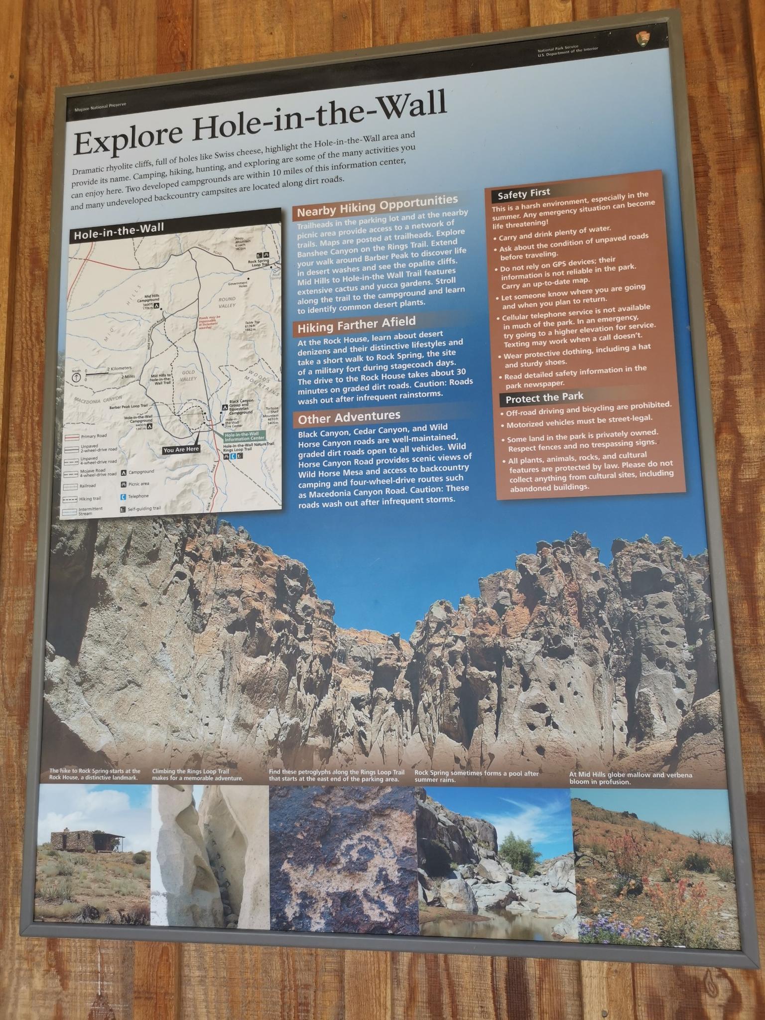 An informational sign about exploring a rocky area, with text and photos.