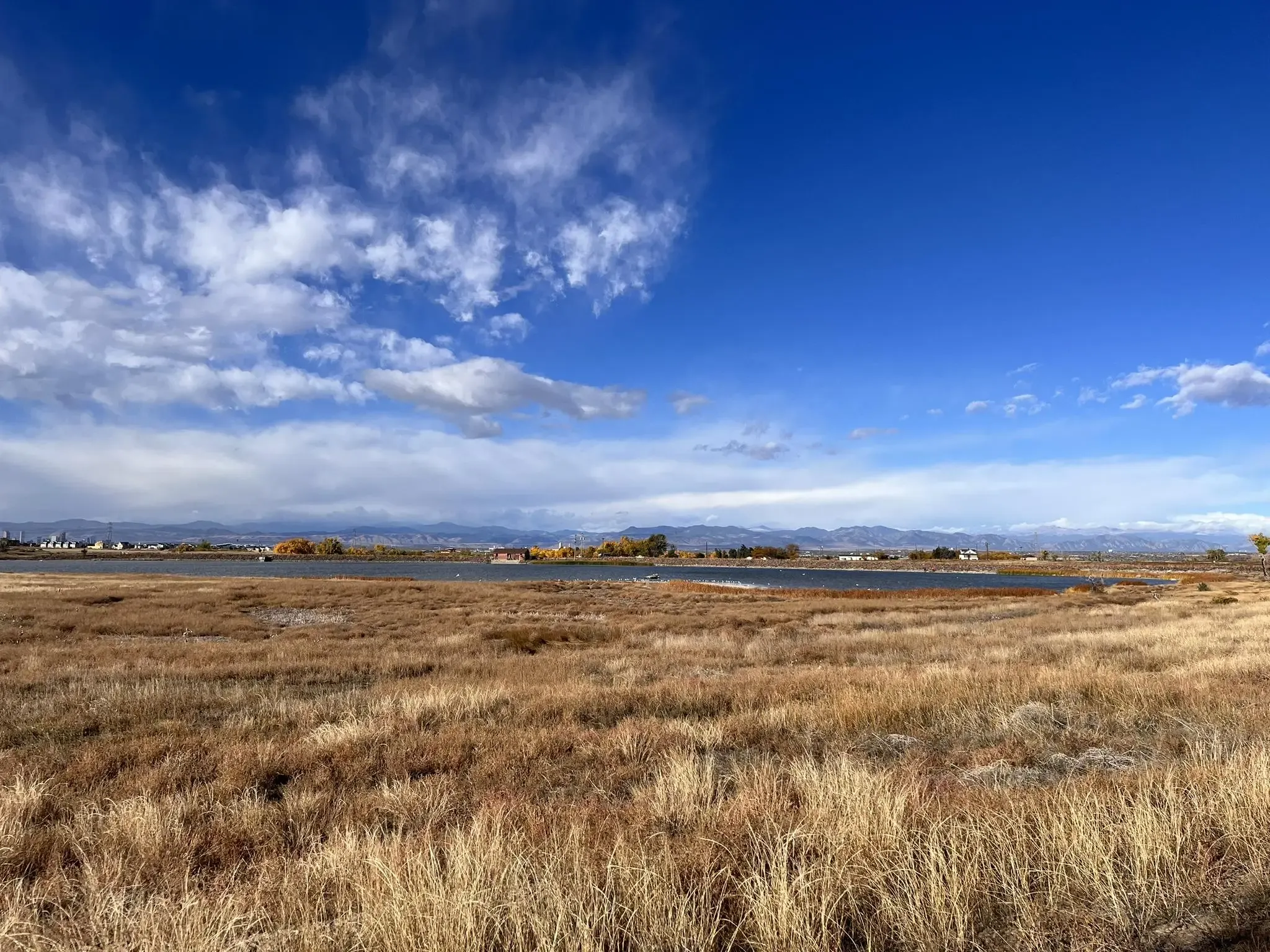 A wide view of a lake bordered by dry grass under a cloudy blue sky. - Rocky Mountain Arsenal National Wildlife Refuge Perimeter Trail
