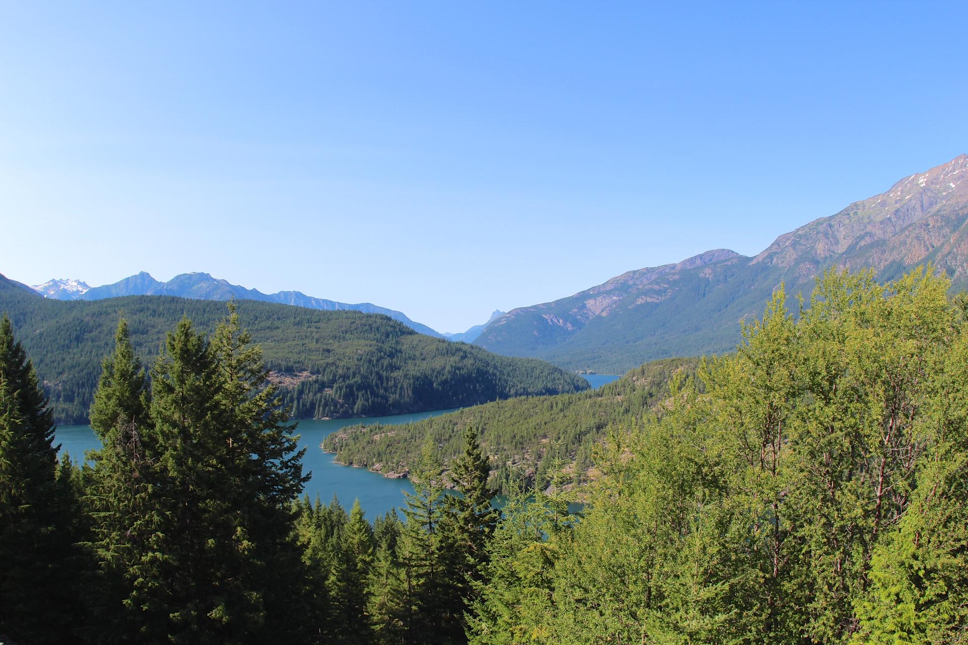 Panoramic view of a blue lake nestled among green forests and mountains.
