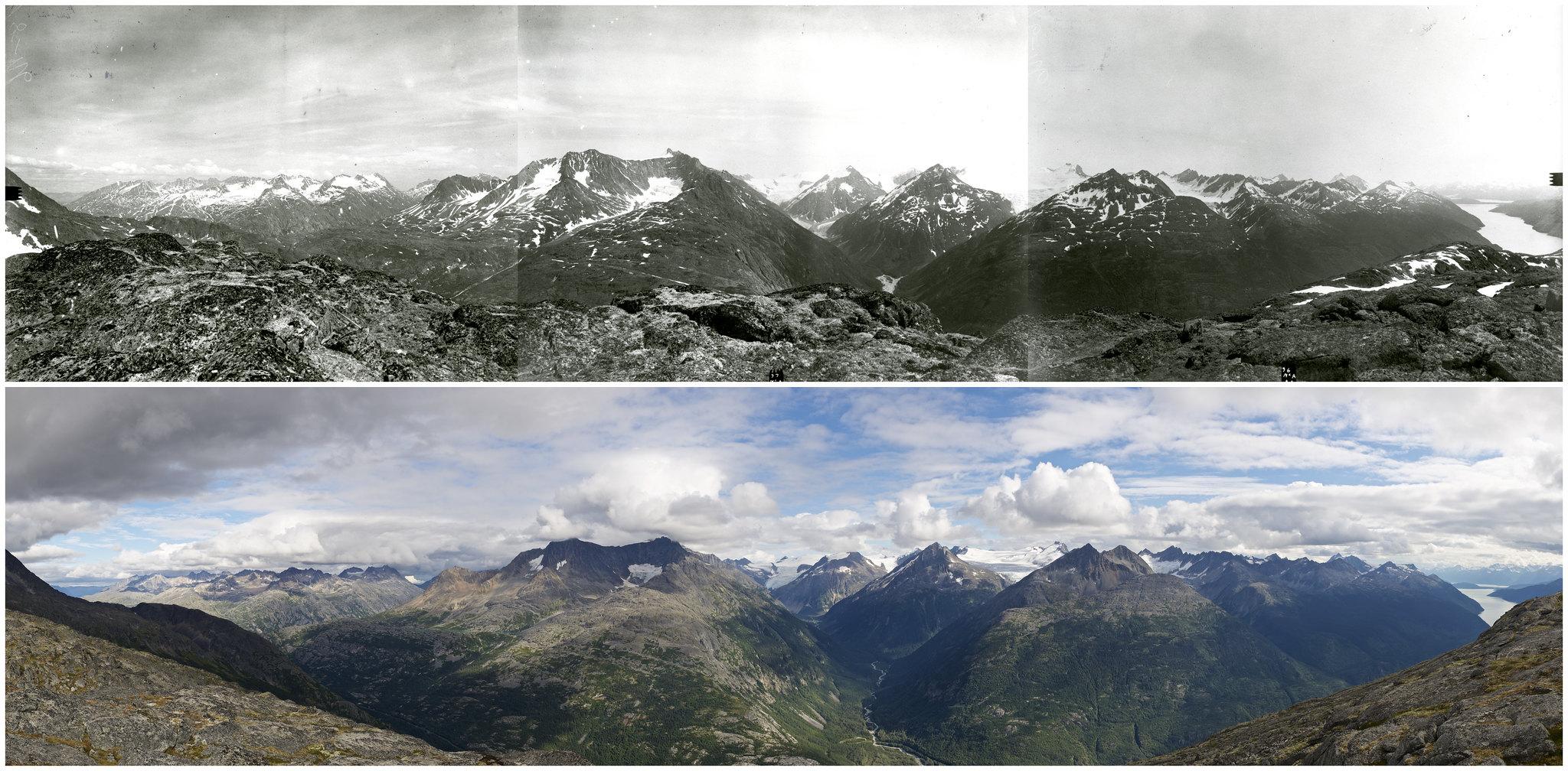 Two panoramic views of majestic mountains, one historic black and white, one modern color.