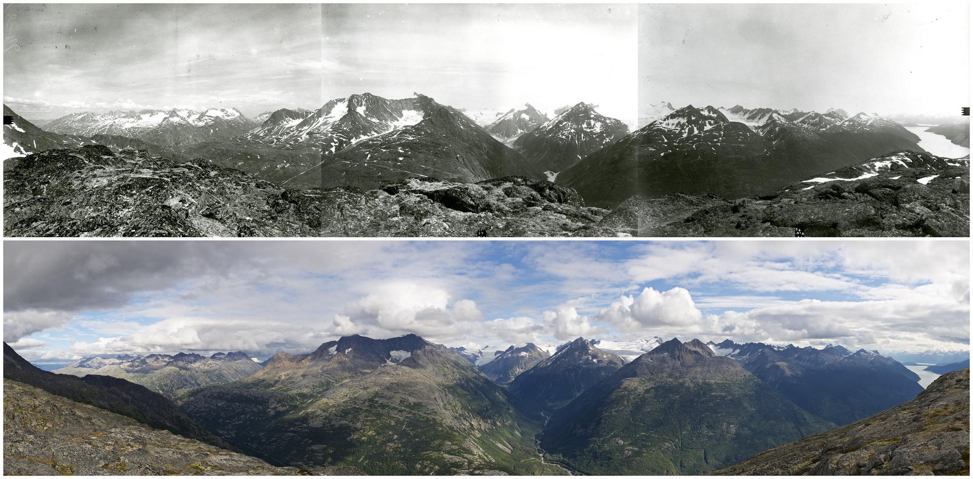 Two panoramic views of majestic mountains, one historic black and white, one modern color.