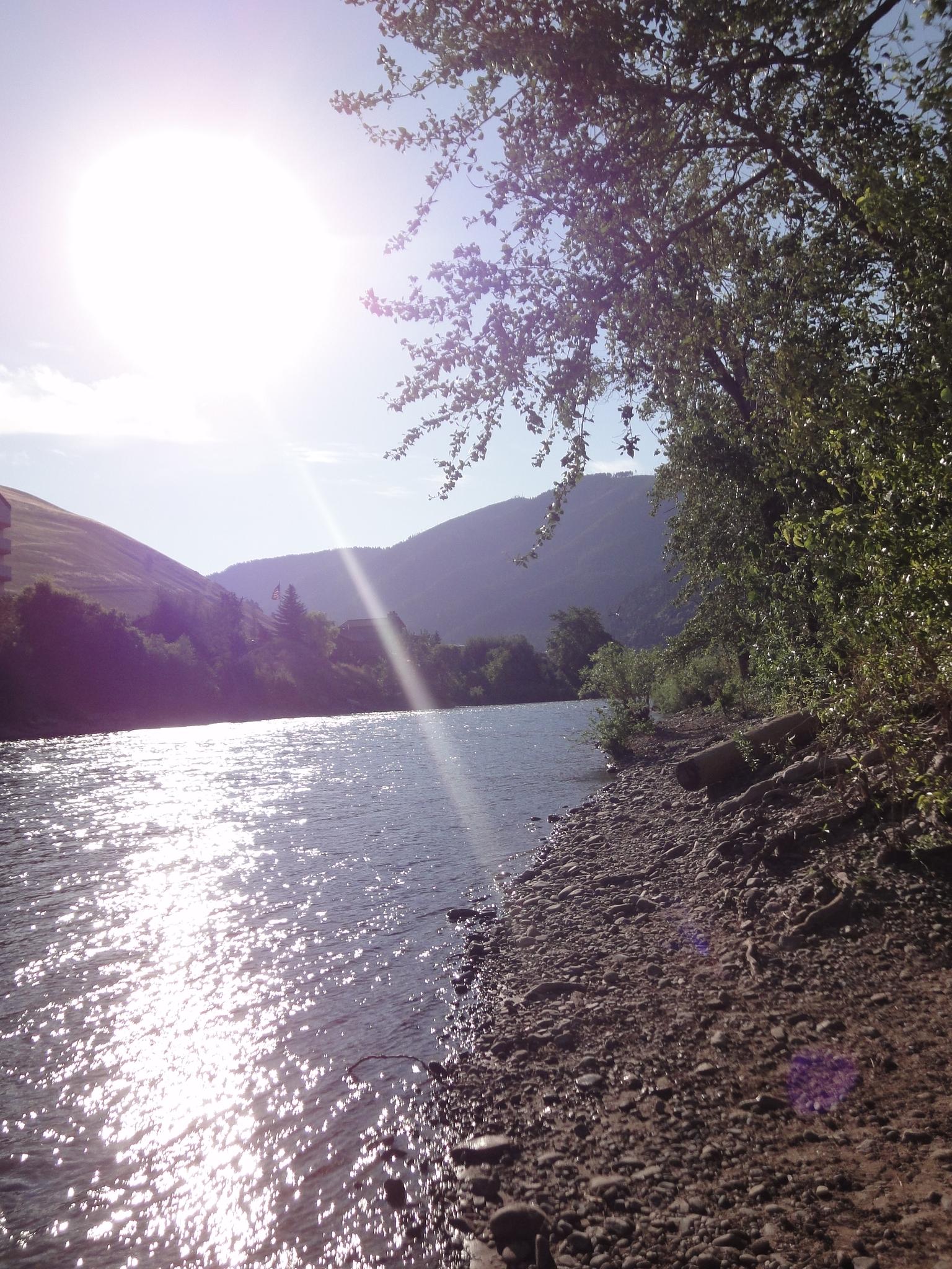 Bright sun glares over a sparkling river with a rocky bank and green hills.