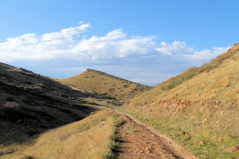 Dirt road winding through golden grassy hills under a bright blue sky.