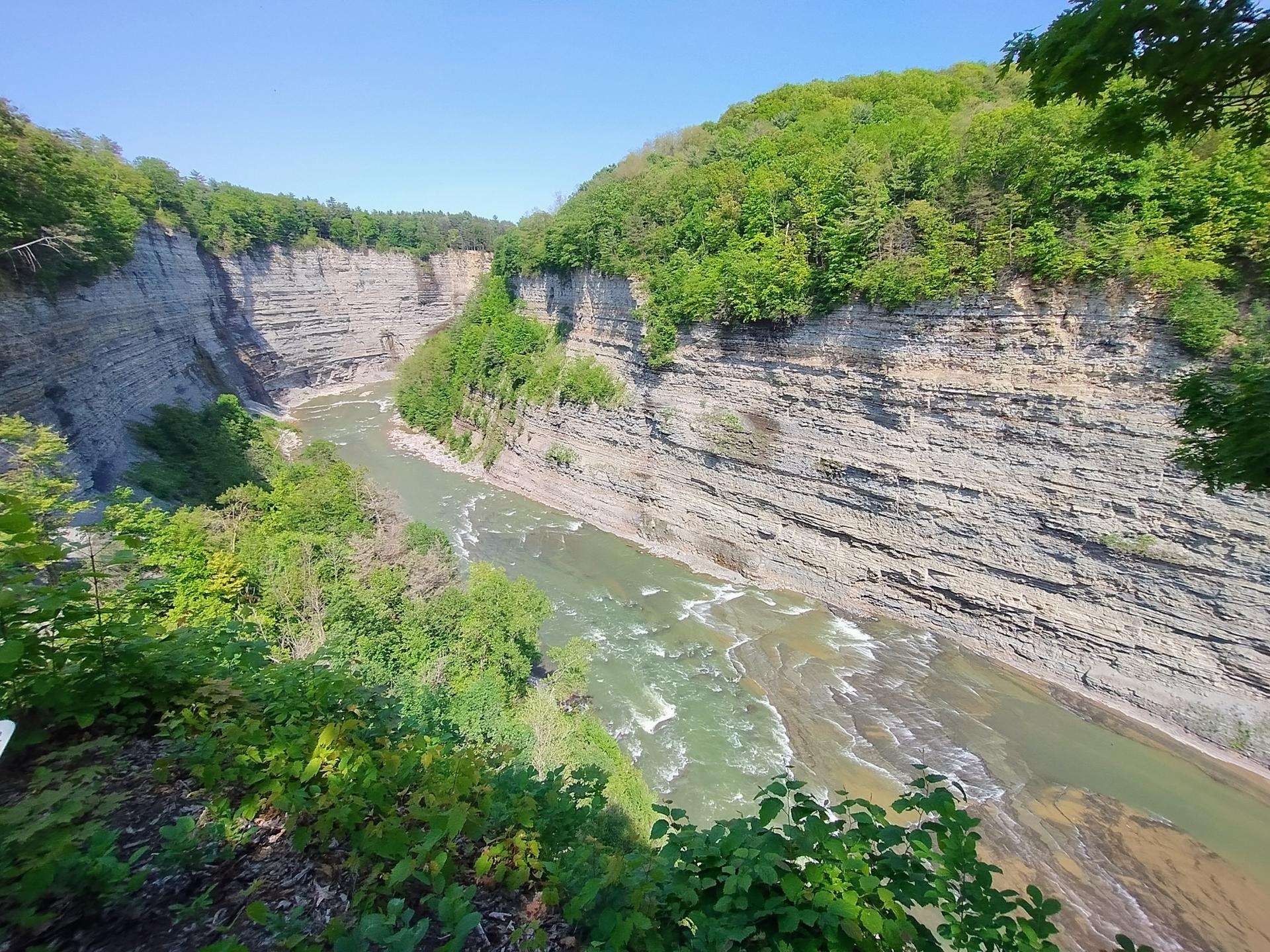 A wide river flows through a deep, green-forested canyon on a sunny day.
