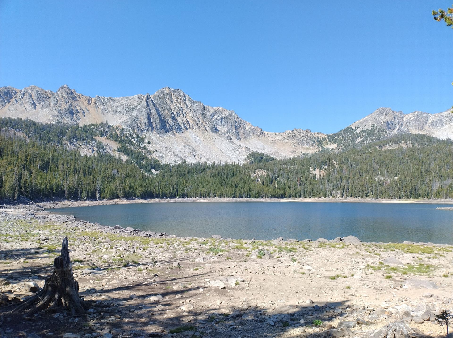 Clear lake, rocky shore, dense forest, and rugged mountains under bright sun.