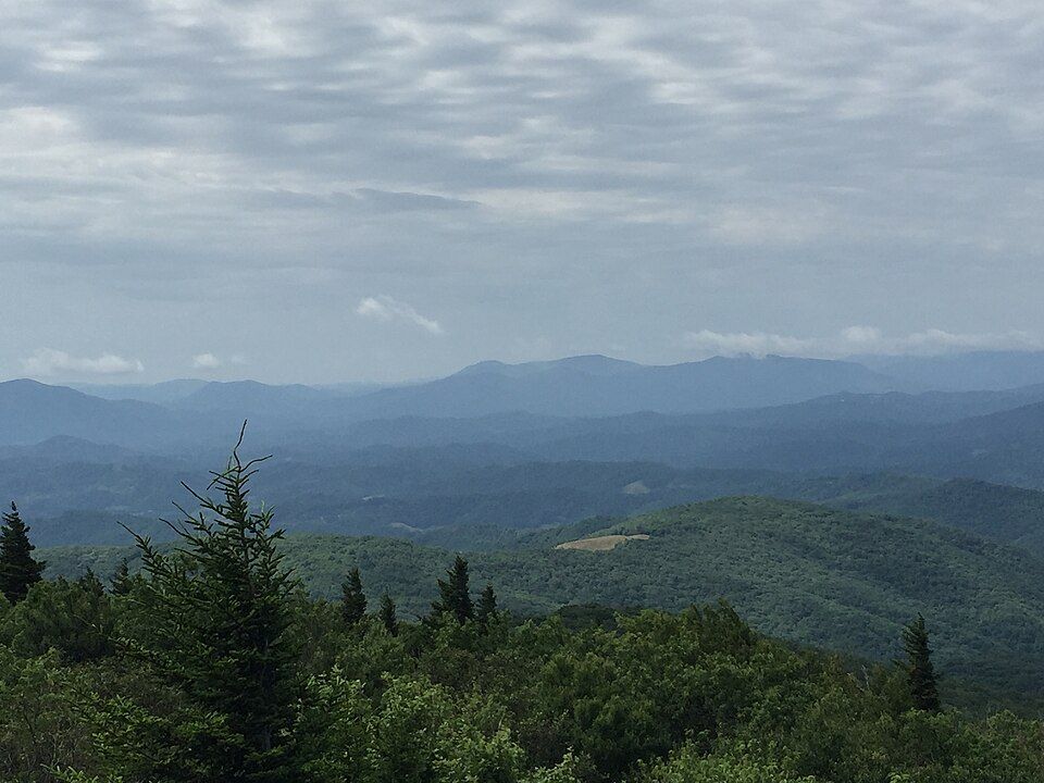 Distant blue mountains and green forested hills under an overcast sky. - Haw Orchard Mountain – Big Pinnacle loop from Grayson Highlands State Park
