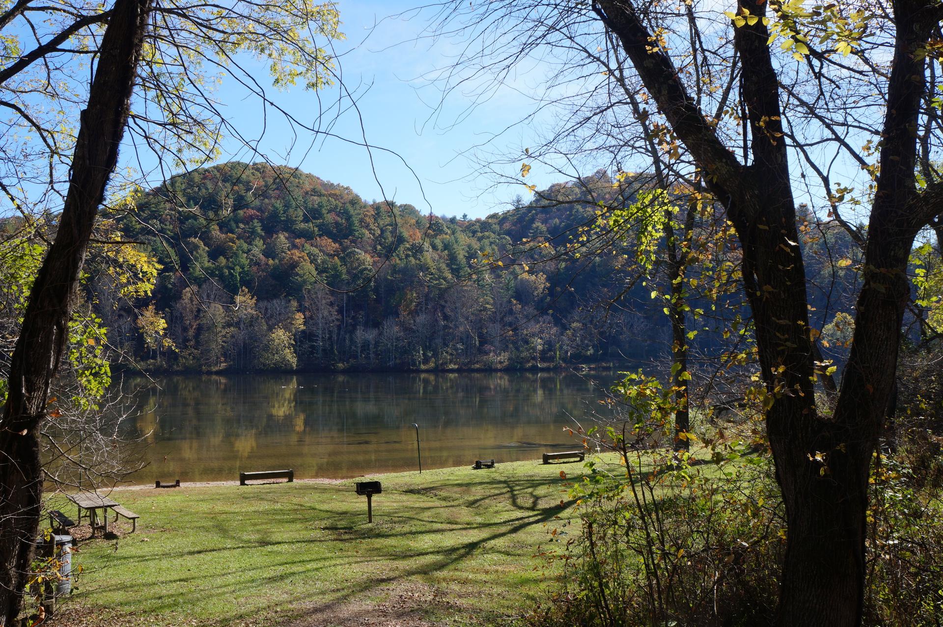 Sunny lake view with forested hills, grassy shore, and picnic area.