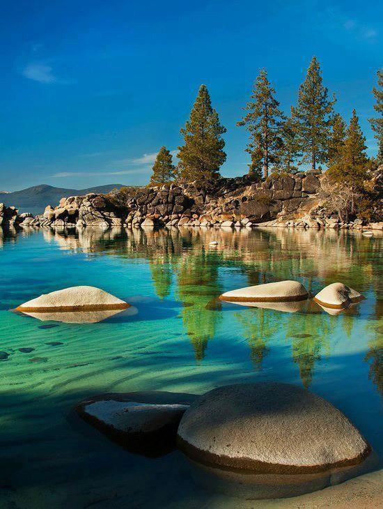 Clear turquoise water, large boulders, pine trees, rocky shore, bright sunlight.